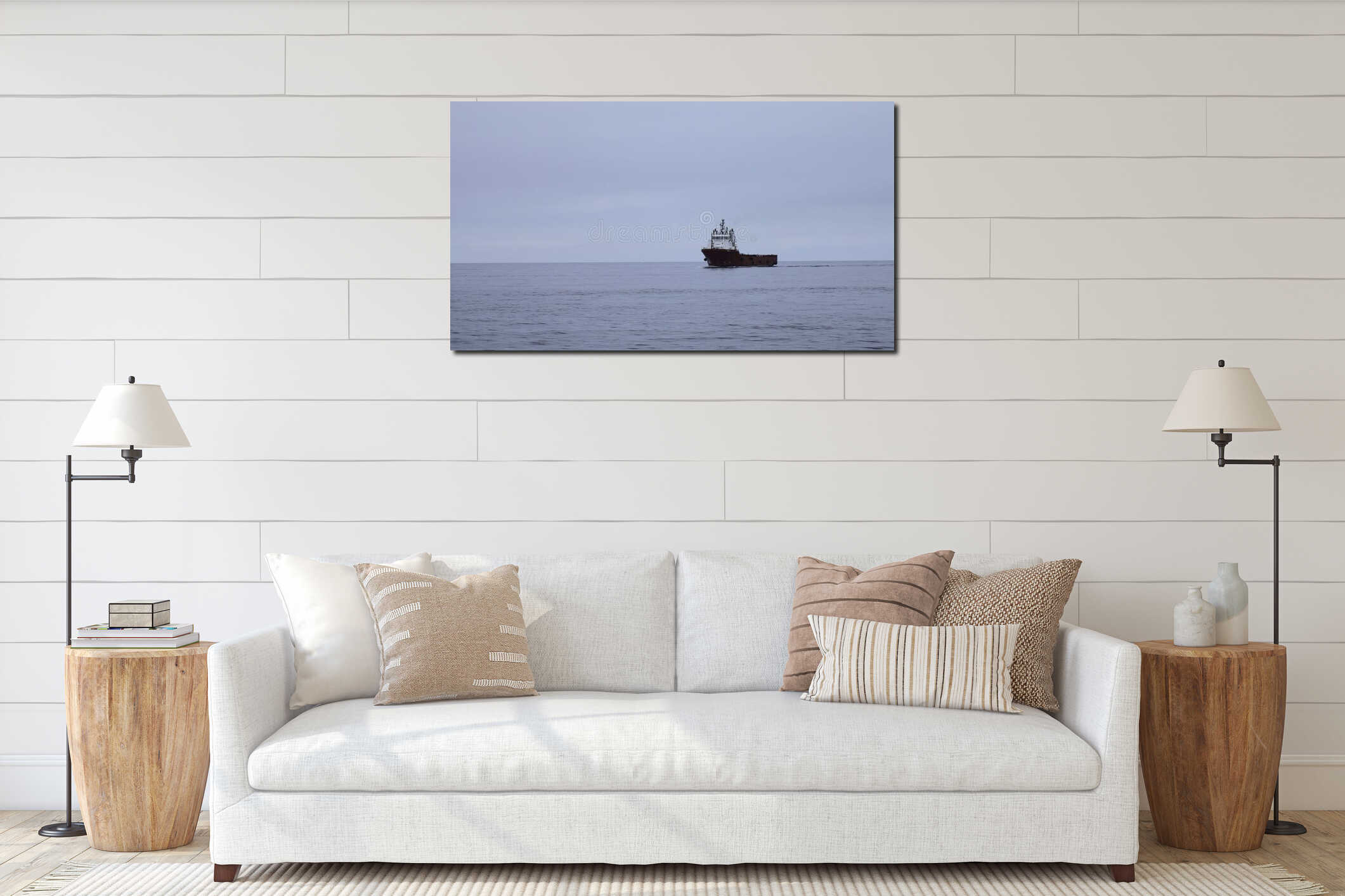 Floating ferry on background of cloudy sea horizon. Clip. Beautiful landscape with ferry in open sea. Ship on cruise in interior mockup