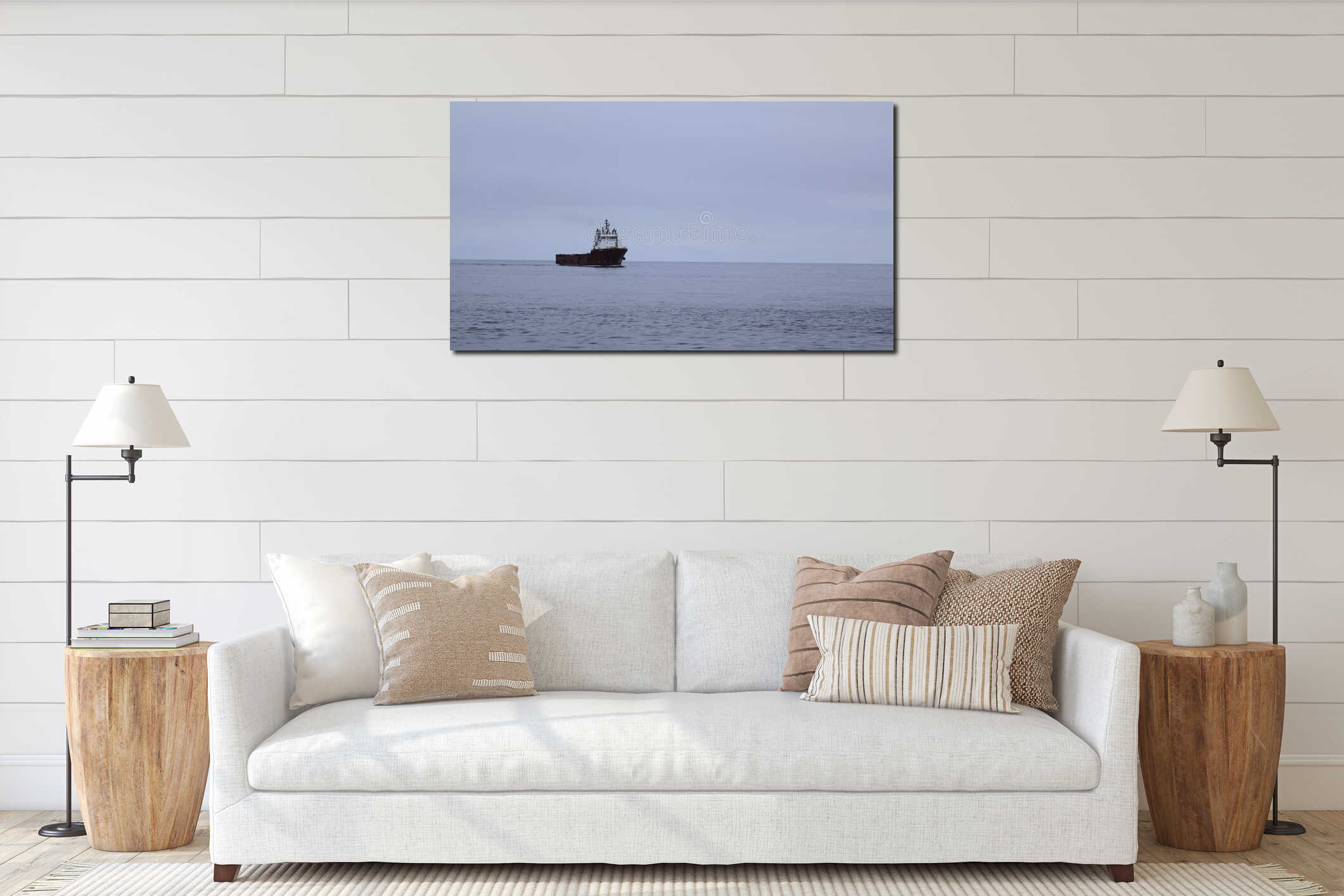 Floating ferry on background of cloudy sea horizon. Clip. Beautiful landscape with ferry in open sea. Ship on cruise in interior mockup