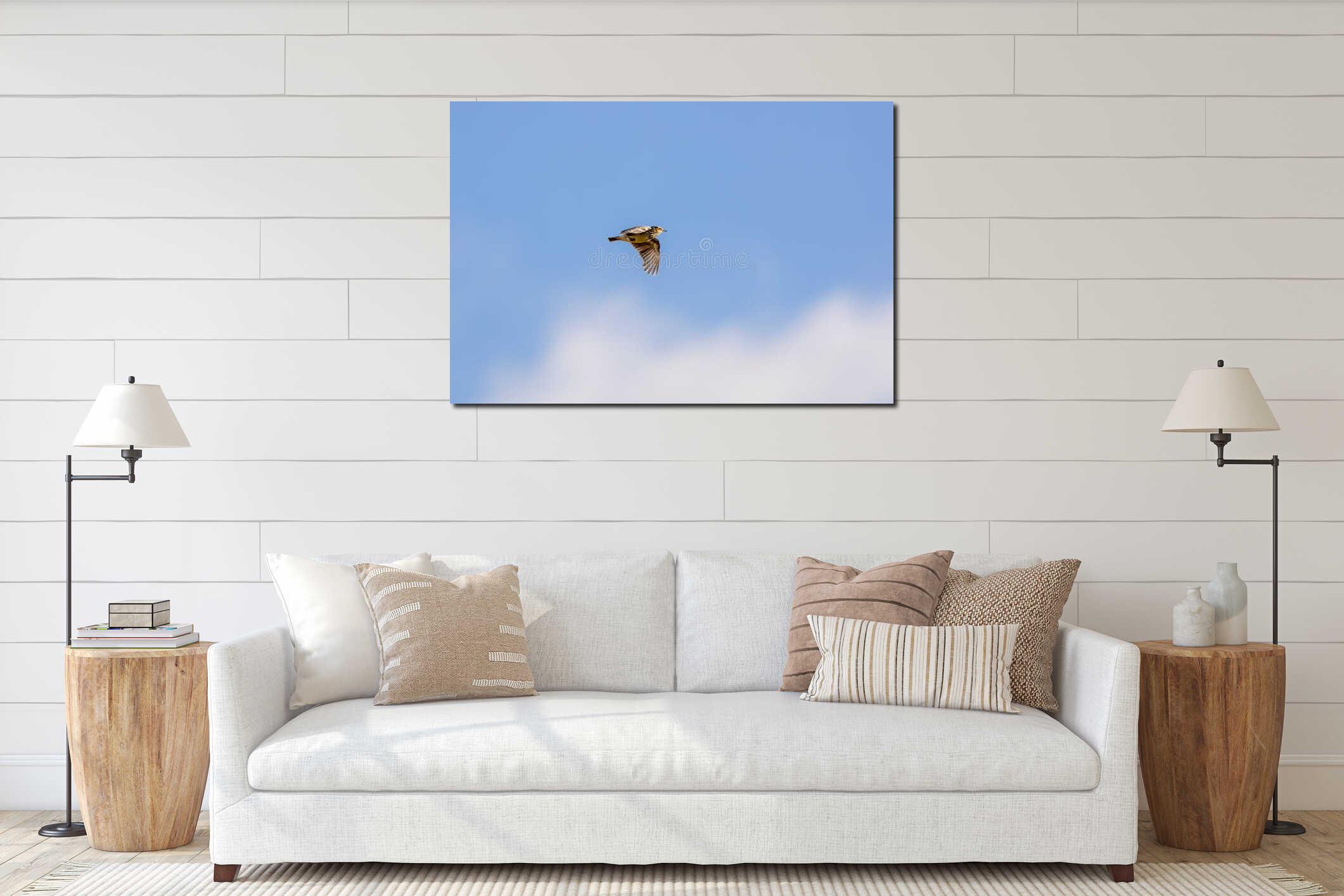 Flying Woodlark, Lullula arborea, in the bright and warm light of sunrise interior mockup