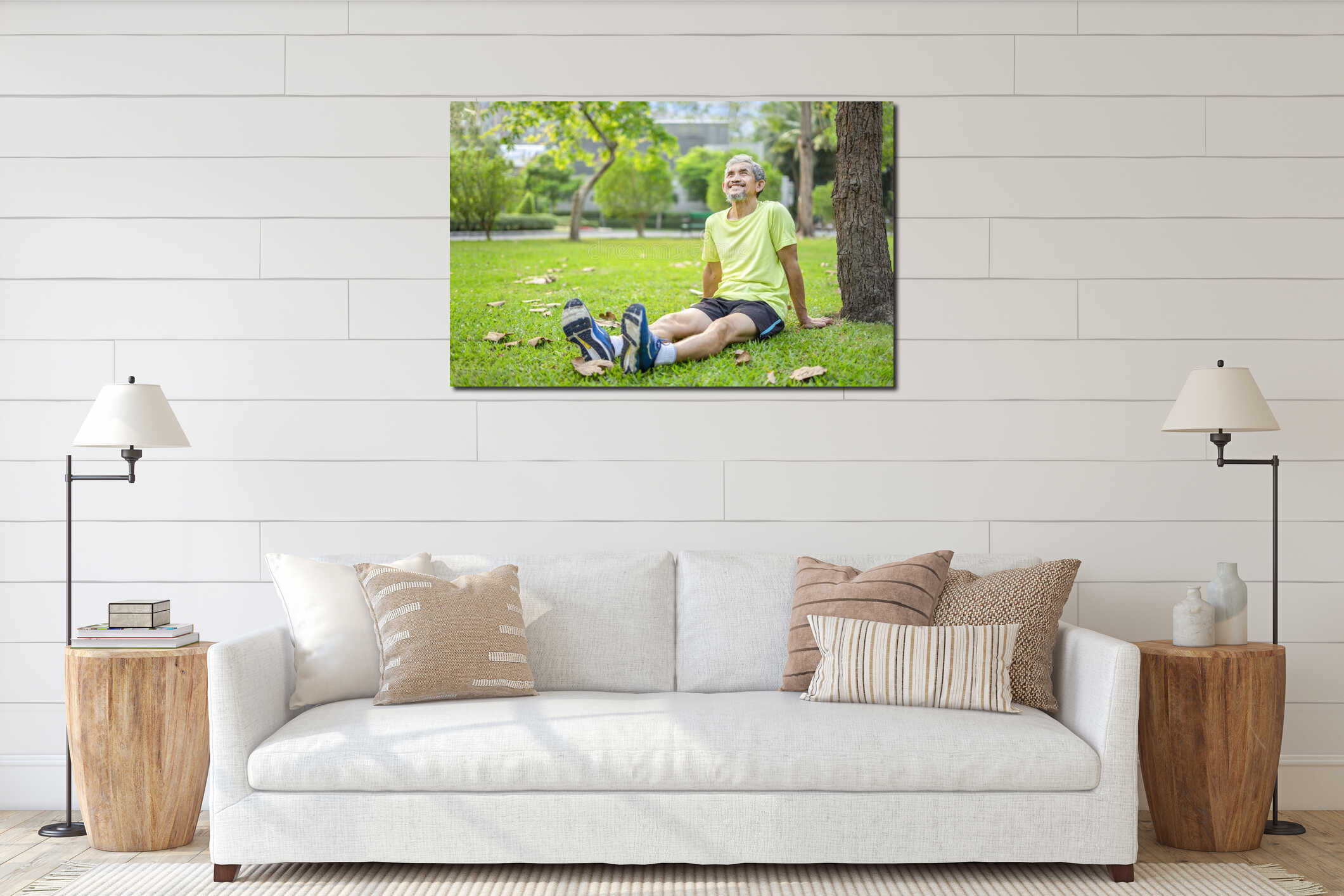 portrait happy senior male relaxing in the city park after exercise interior mockup