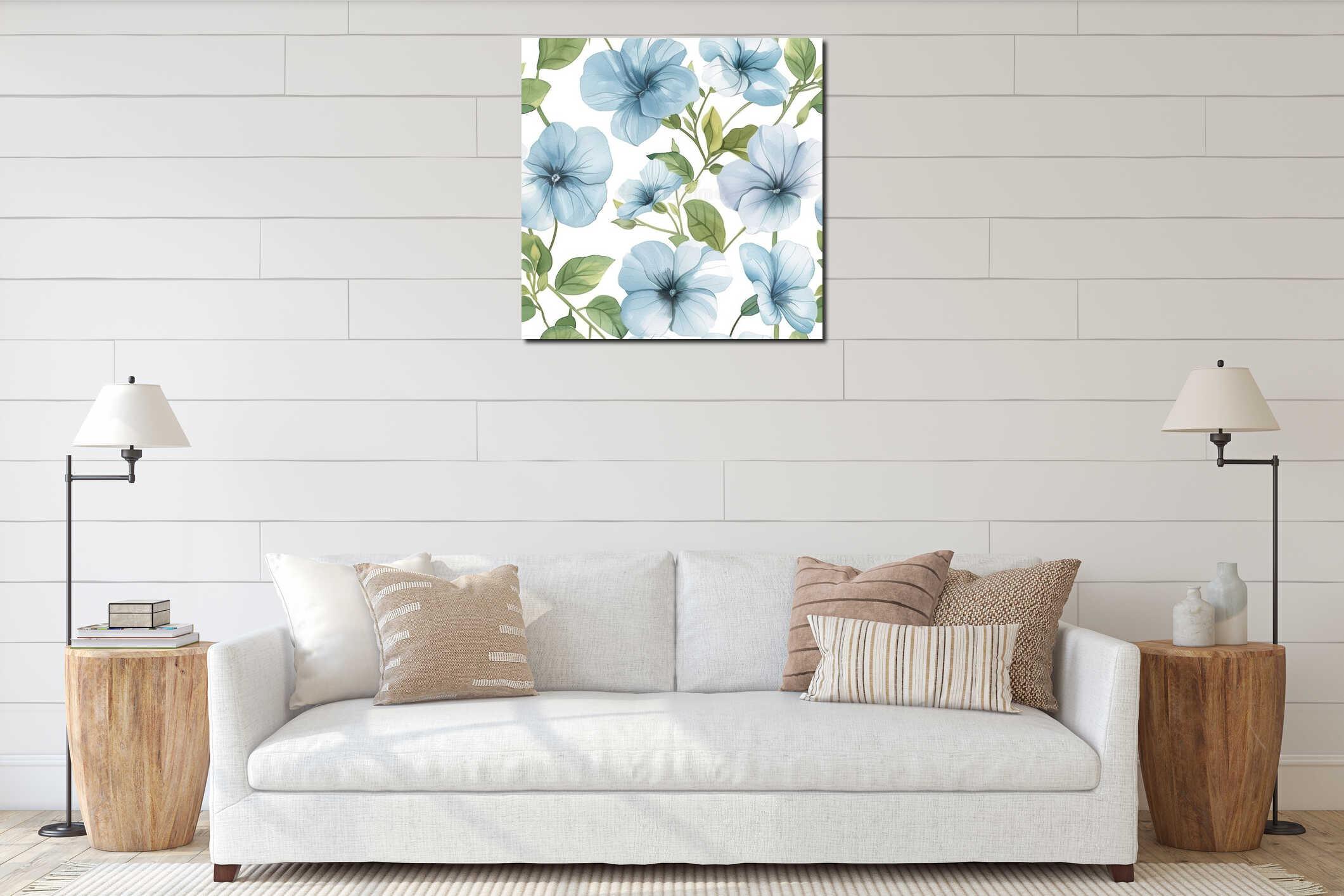 Vibrant Chambray Blue Watercolor Flowers on Seamless Pattern interior mockup
