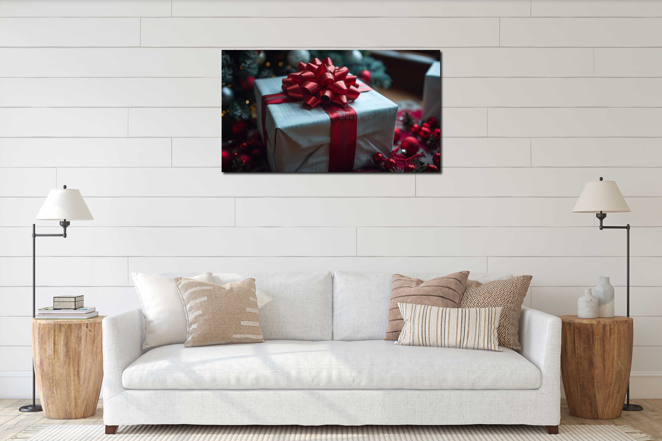 A close up of a wrapped gift sitting on top of some christmas decorations, AI interior mockup