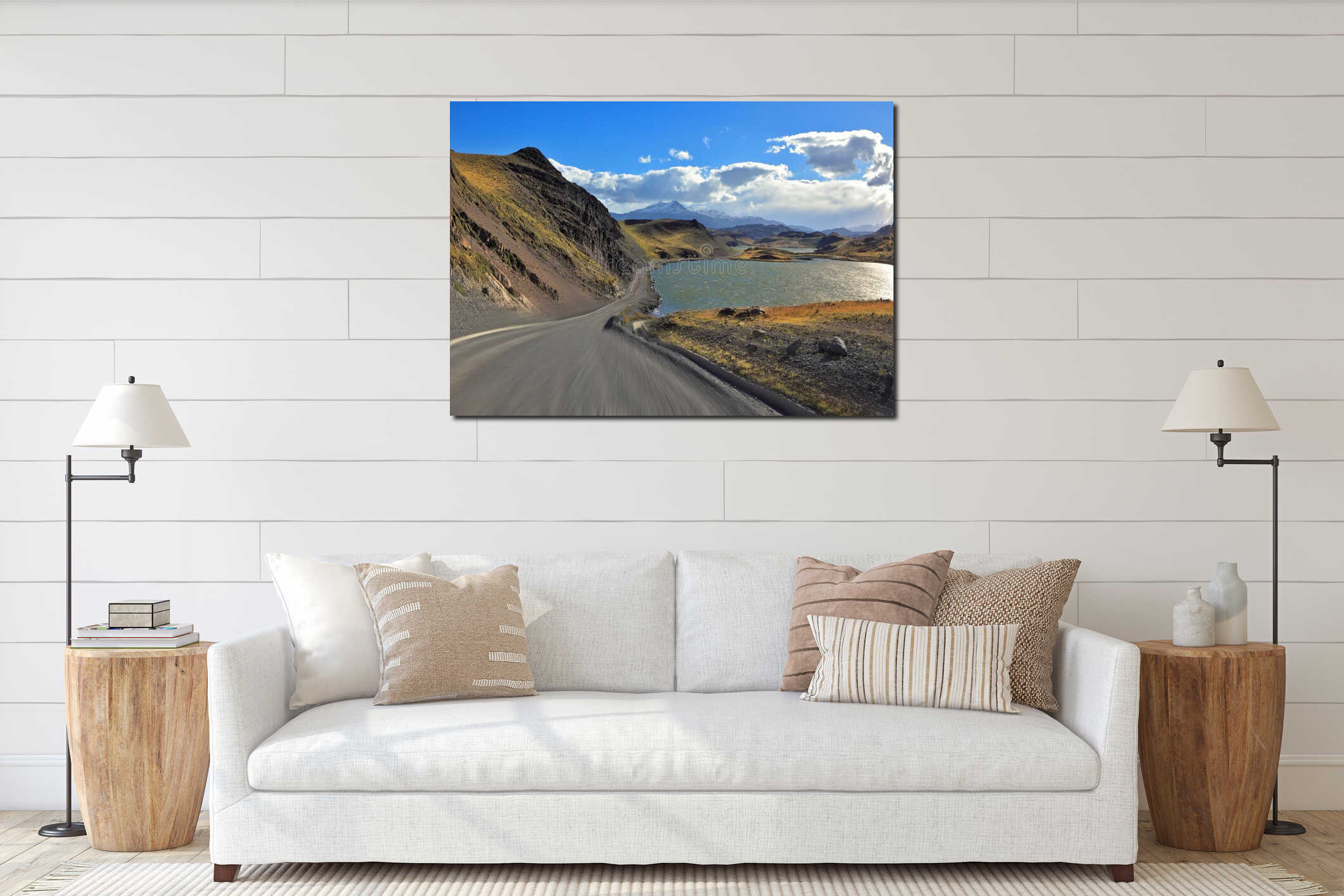 A gravel road runs by the lakeside interior mockup