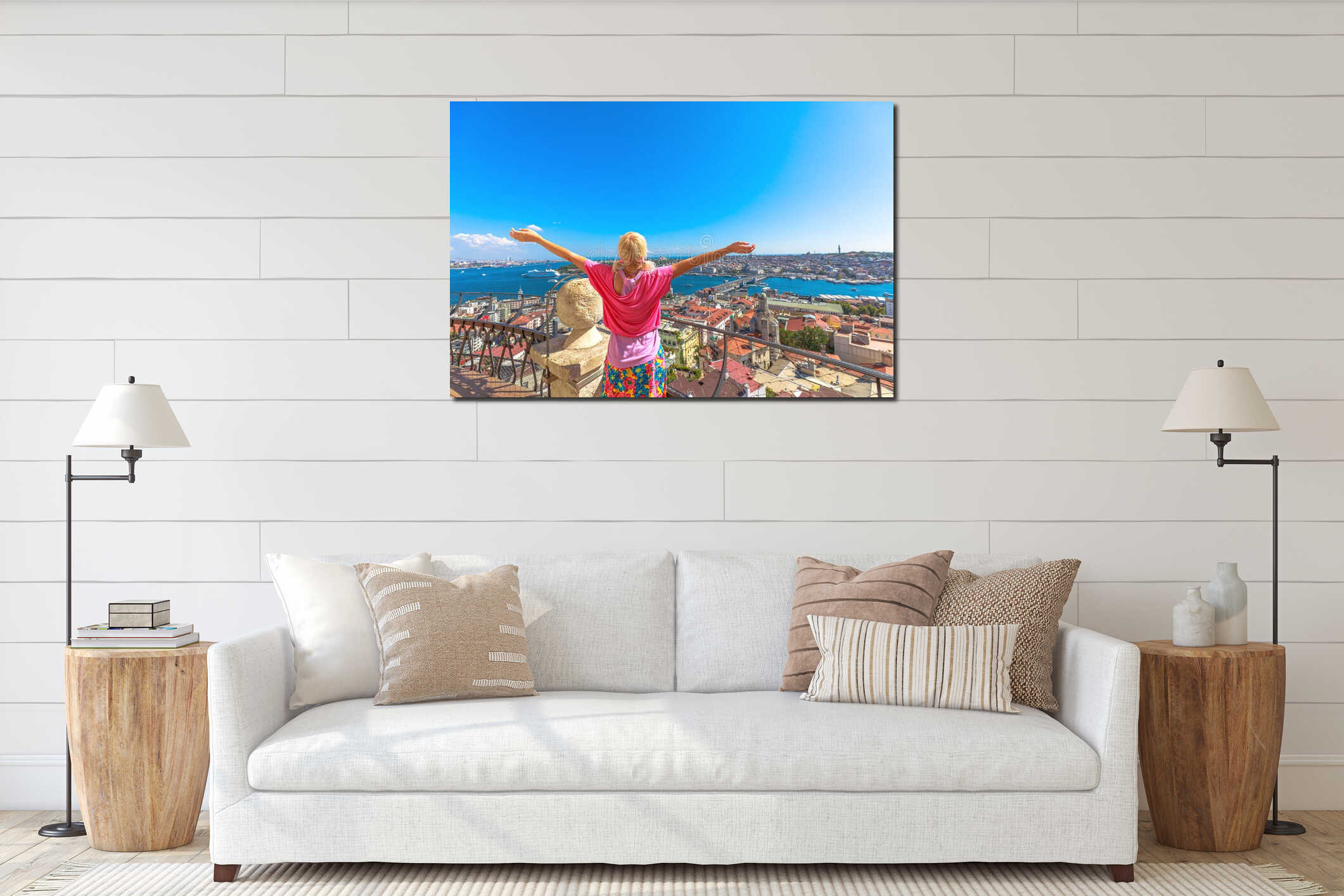 Woman embracing Istanbul cityscape view interior mockup