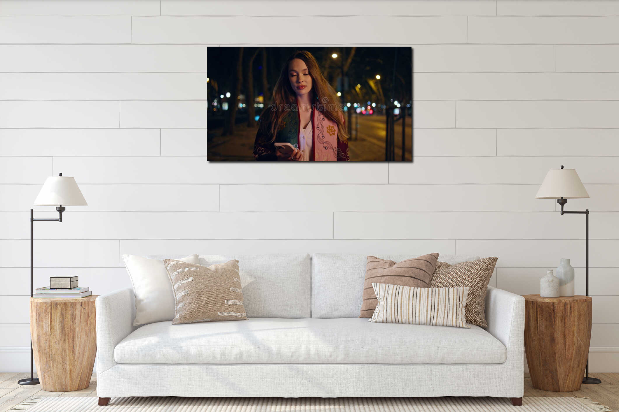 Luxurious woman going street lights evening city holding smartphone close up. interior mockup