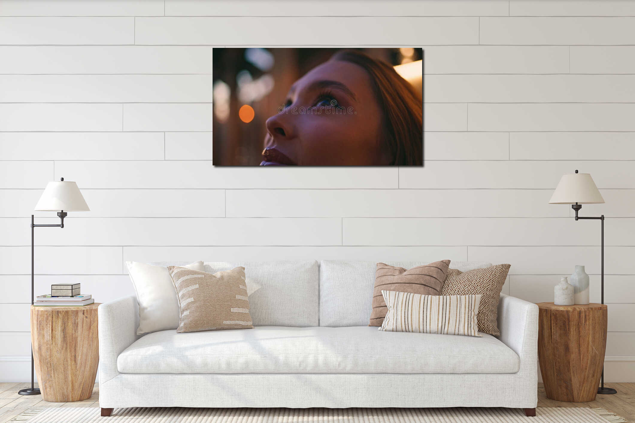 Beautiful woman face looking up on evening city closeup. Portrait girl dark city interior mockup