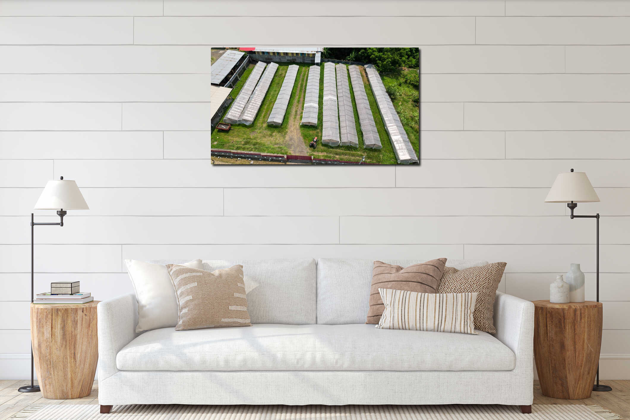 Aerial view over drying shelters, at Sao Tome. interior mockup
