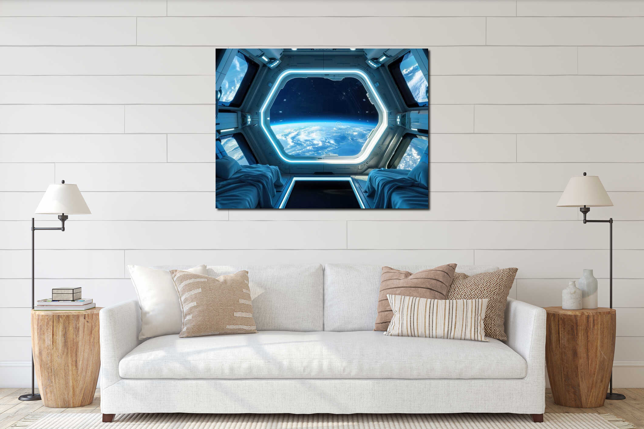 Inside a luxury space hotel orbiting Earth guests enjoy zero gravity leisure activities. Large windows reveal the planet below interior mockup