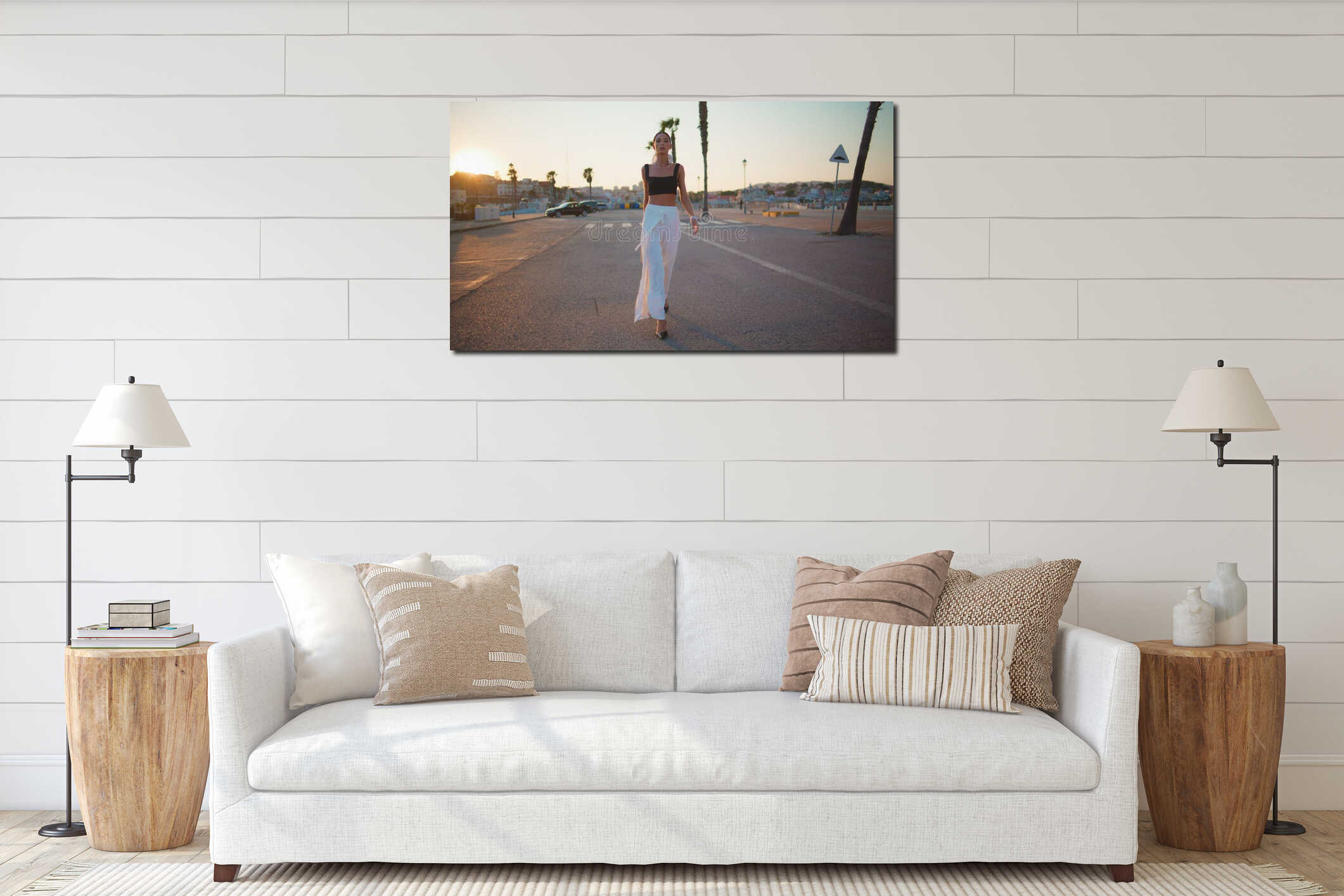 Luxurious girl walking roadway at sunset sunlight. Fashion model strolling road interior mockup