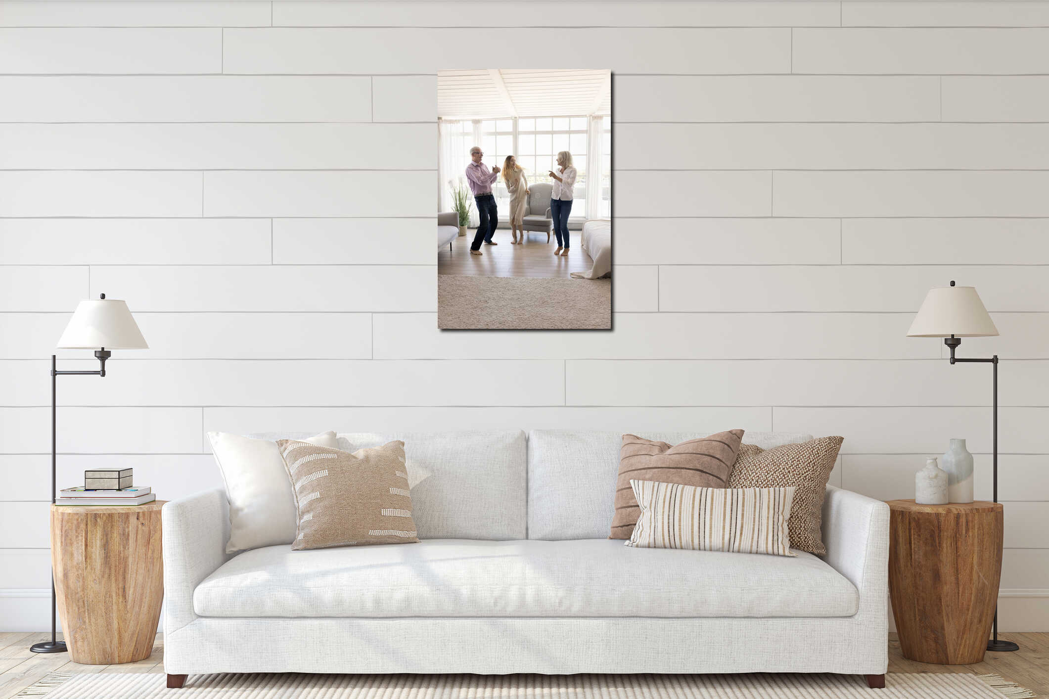 Vertical shot happy family dancing in fashionable living room interior mockup