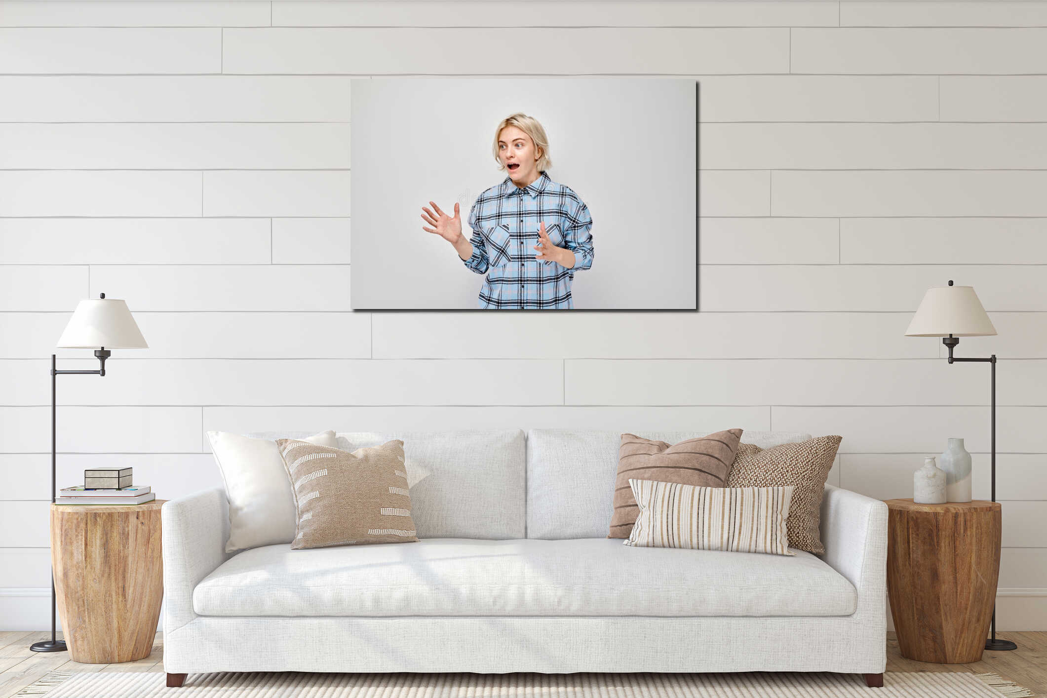 Portrait blond young woman happy face smiling joyfully with raised palms and shocked open mouth interior mockup
