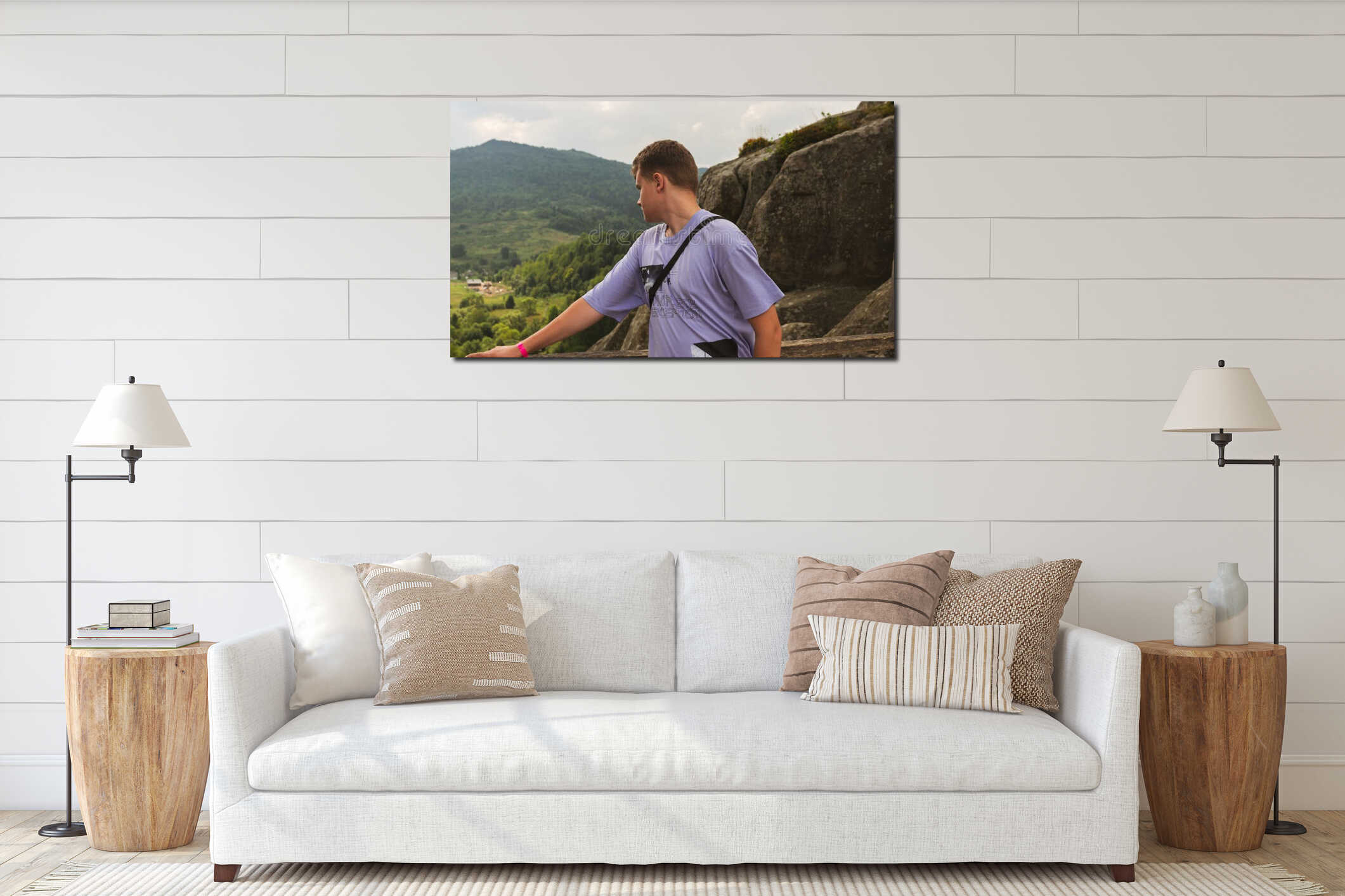 A portrait of a teenage boy in the mountains. interior mockup