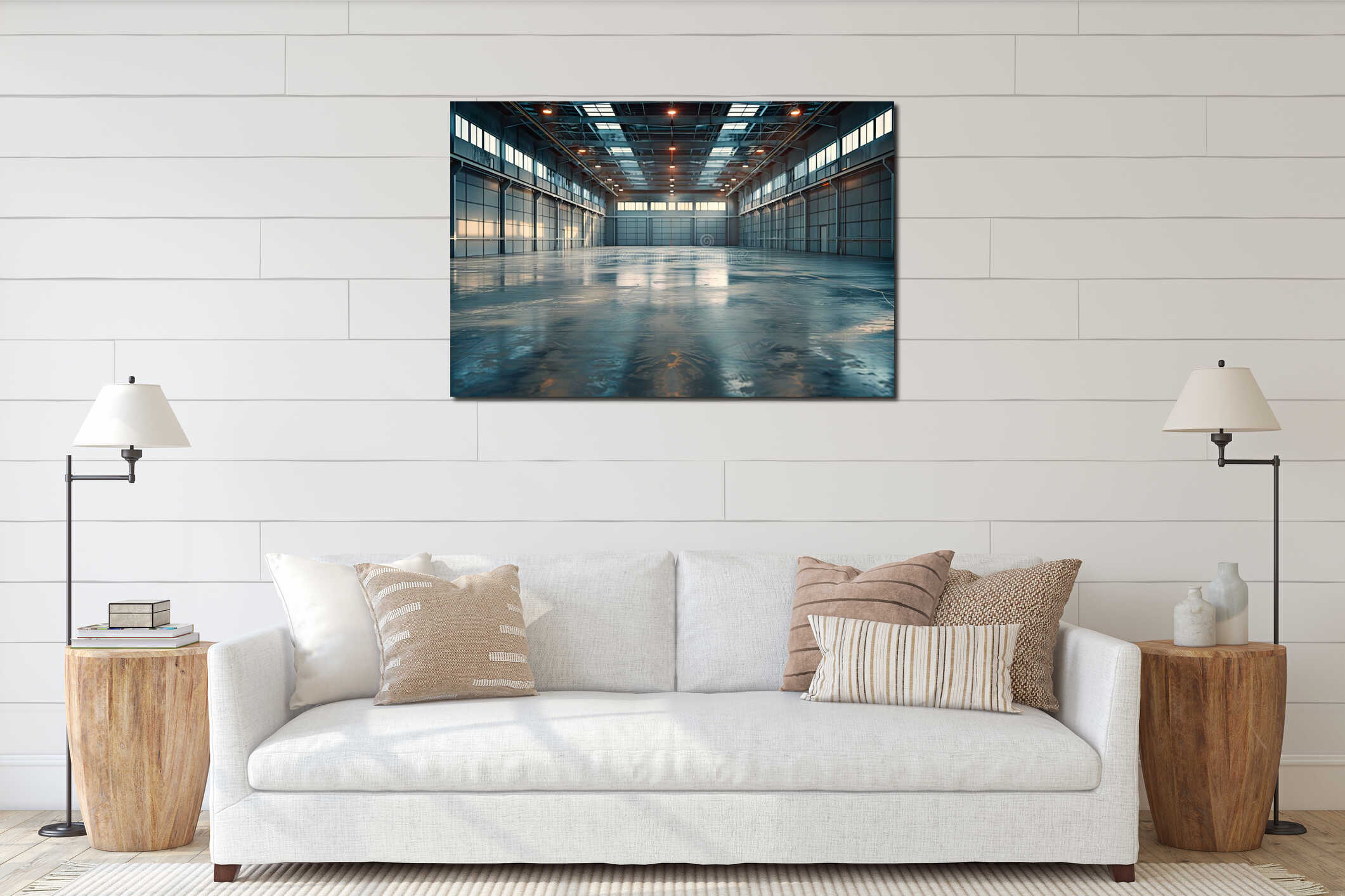 Spacious minimalist industrial warehouse interior with large windows and illuminated ceiling interior mockup