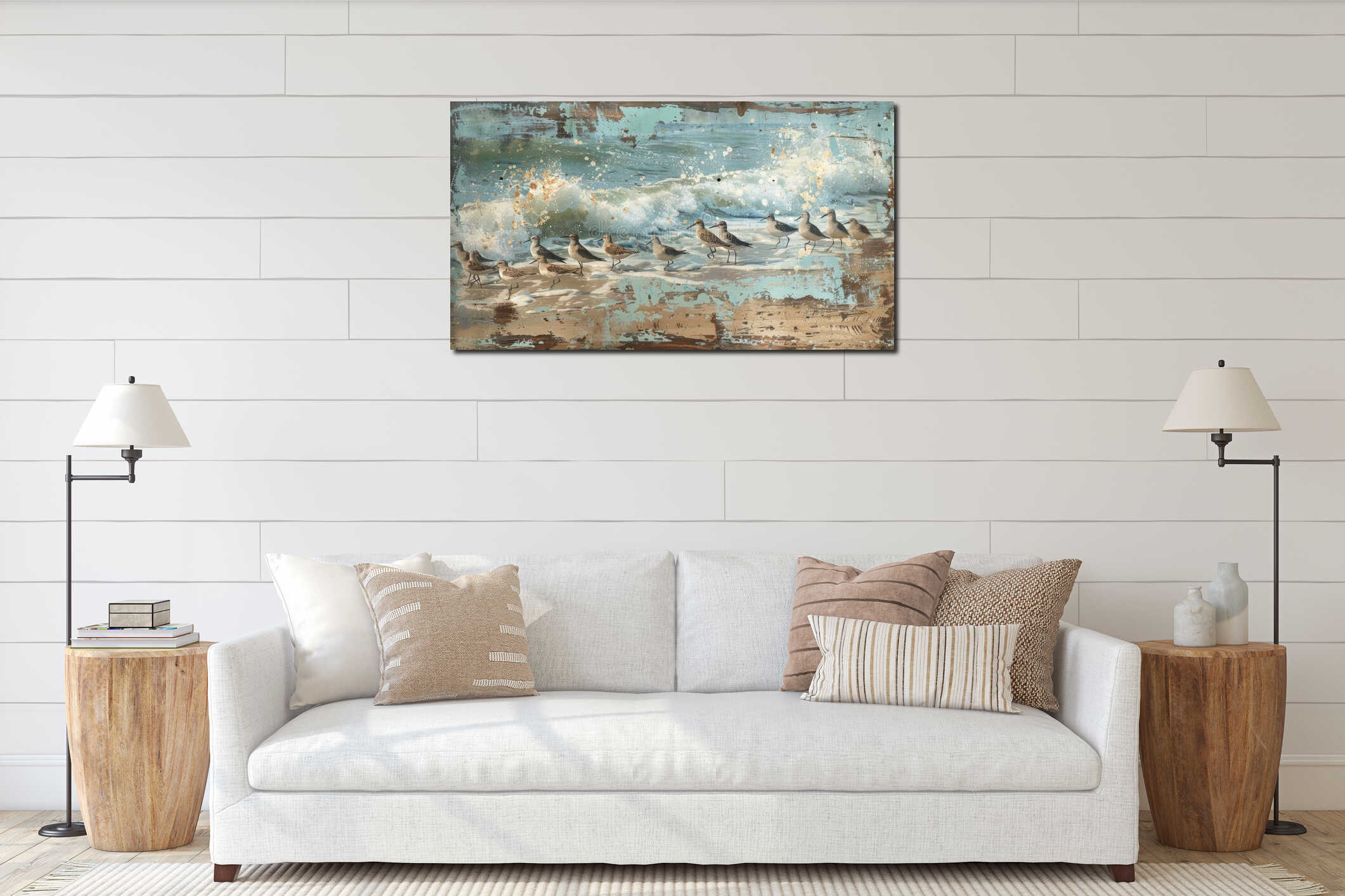 a small flock of sandpipers foraging for food along the surf, painted on an aged wooden board with a soothing blue and interior mockup