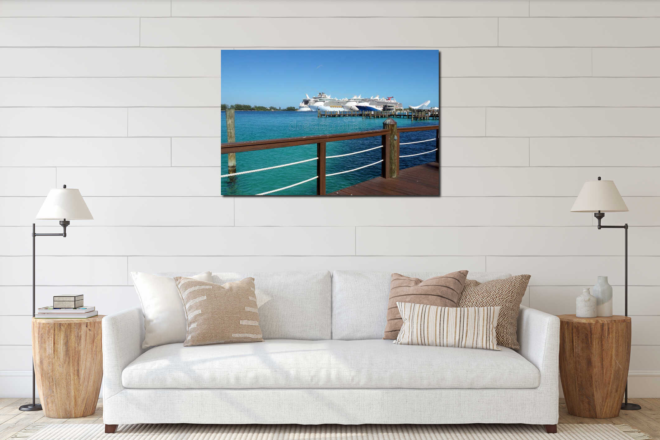 Four large cruise passenger ships observed from a wooden pier in Nassau harbour in the Bahamas. interior mockup