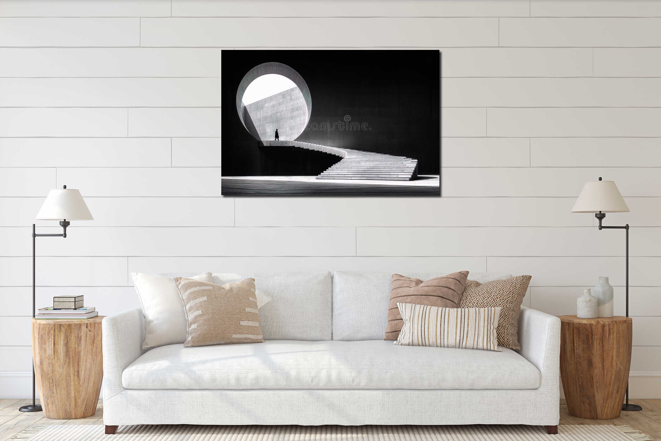 a man stands in front of a circular staircase interior mockup