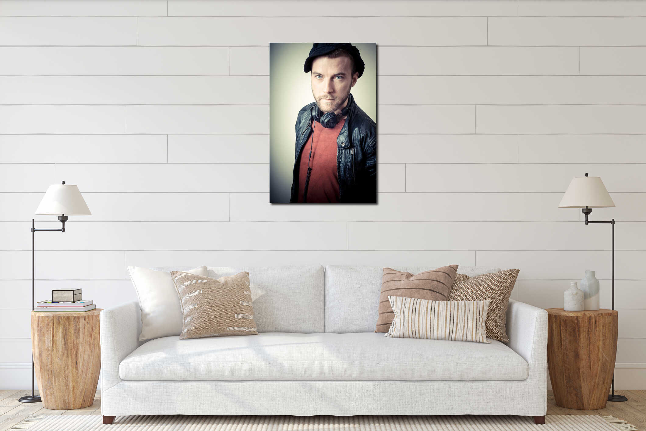 Stylish hipster man portrait interior mockup