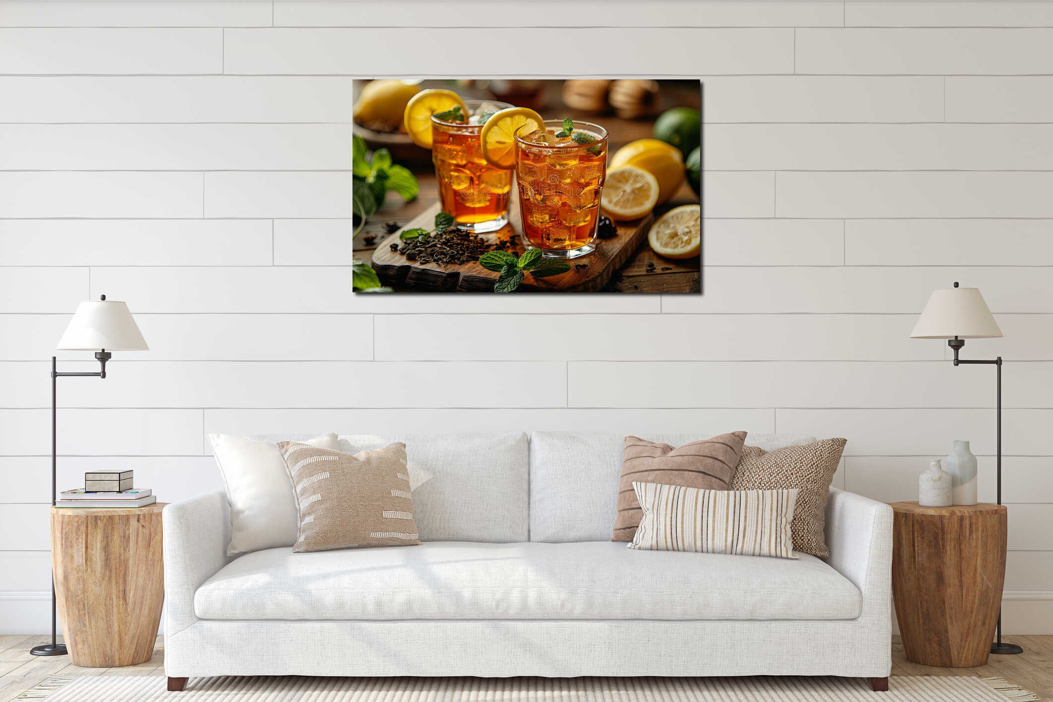 two glasses of tea with mint and lemon wedges on wood, brown and black, light red and dark brown. Generative AI interior mockup