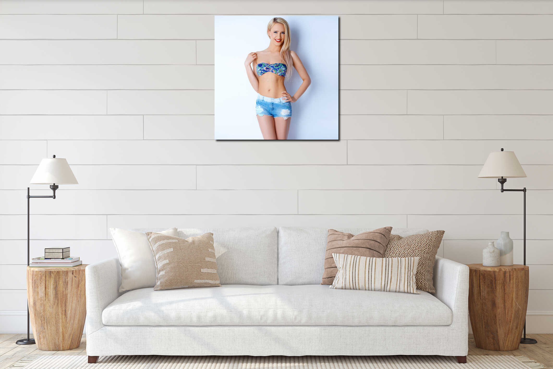 Happy blond girl in short jeans interior mockup