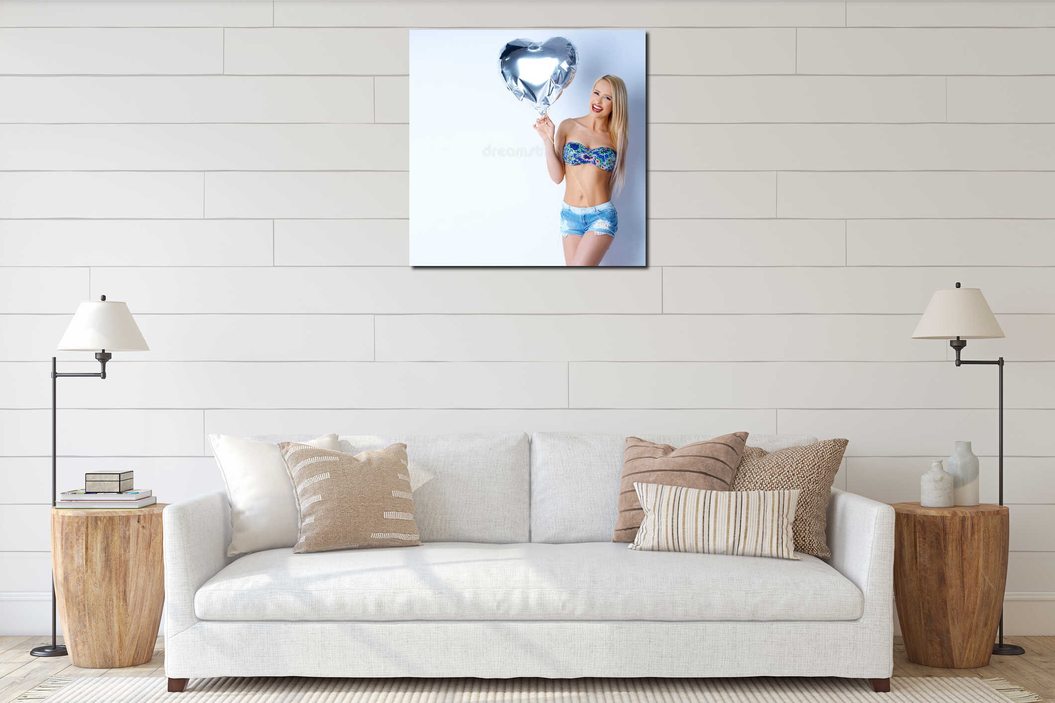 Happy blond girl in short jeans interior mockup
