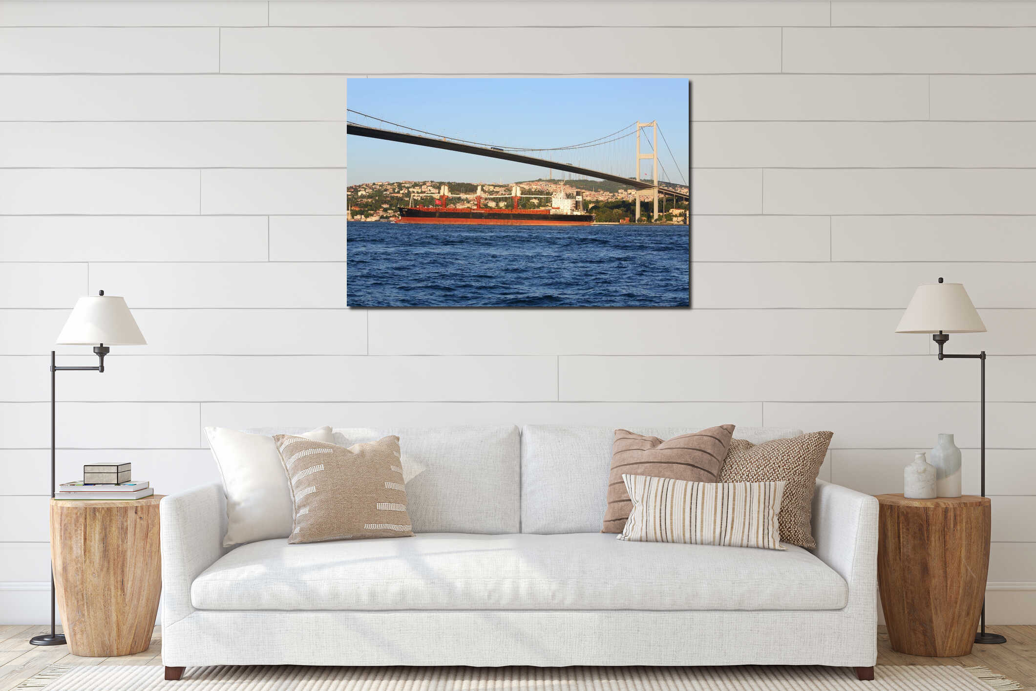 Landscape with barge and Ataturk Bridge interior mockup