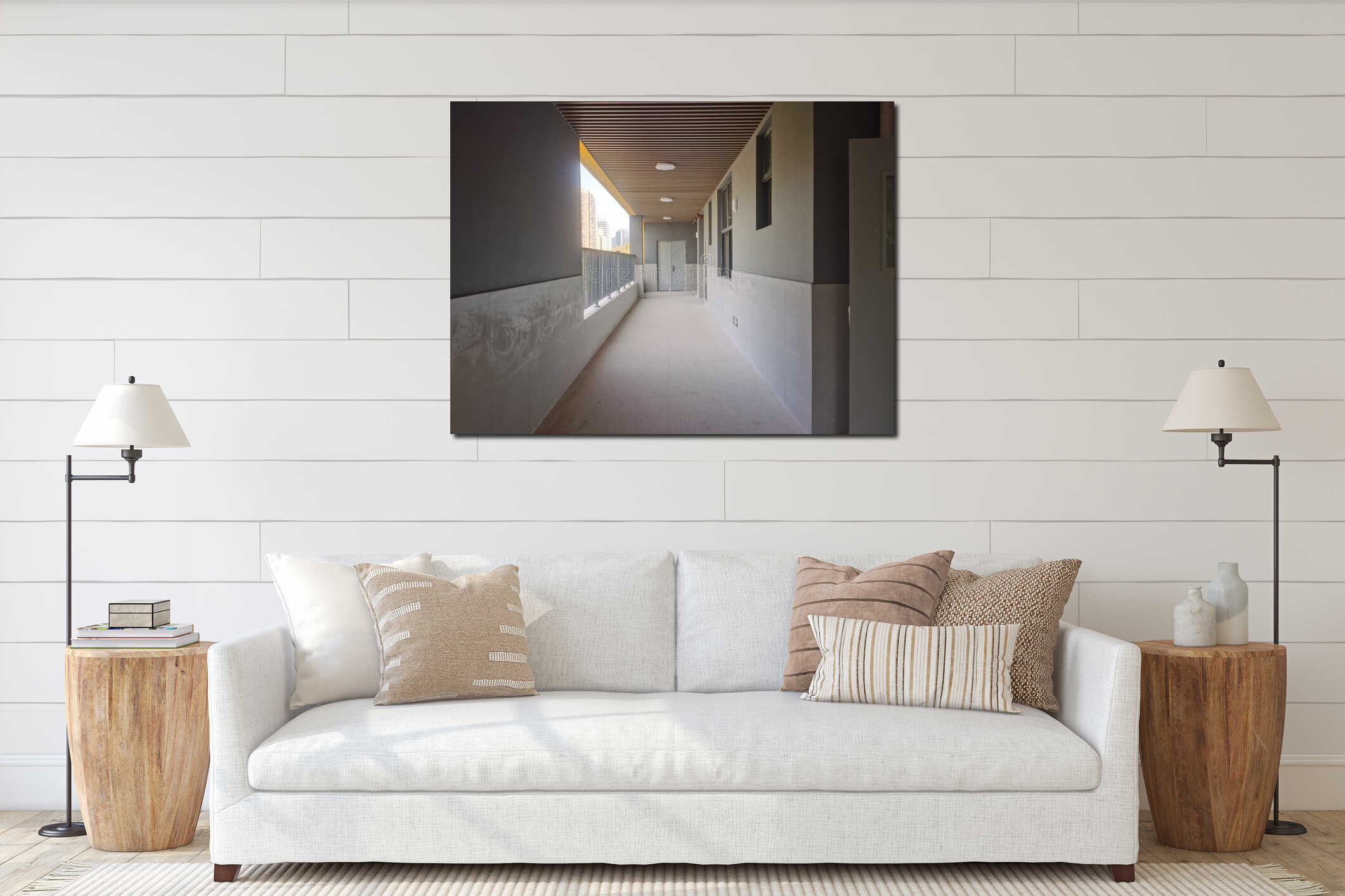 Long empty corridor in school building interior mockup