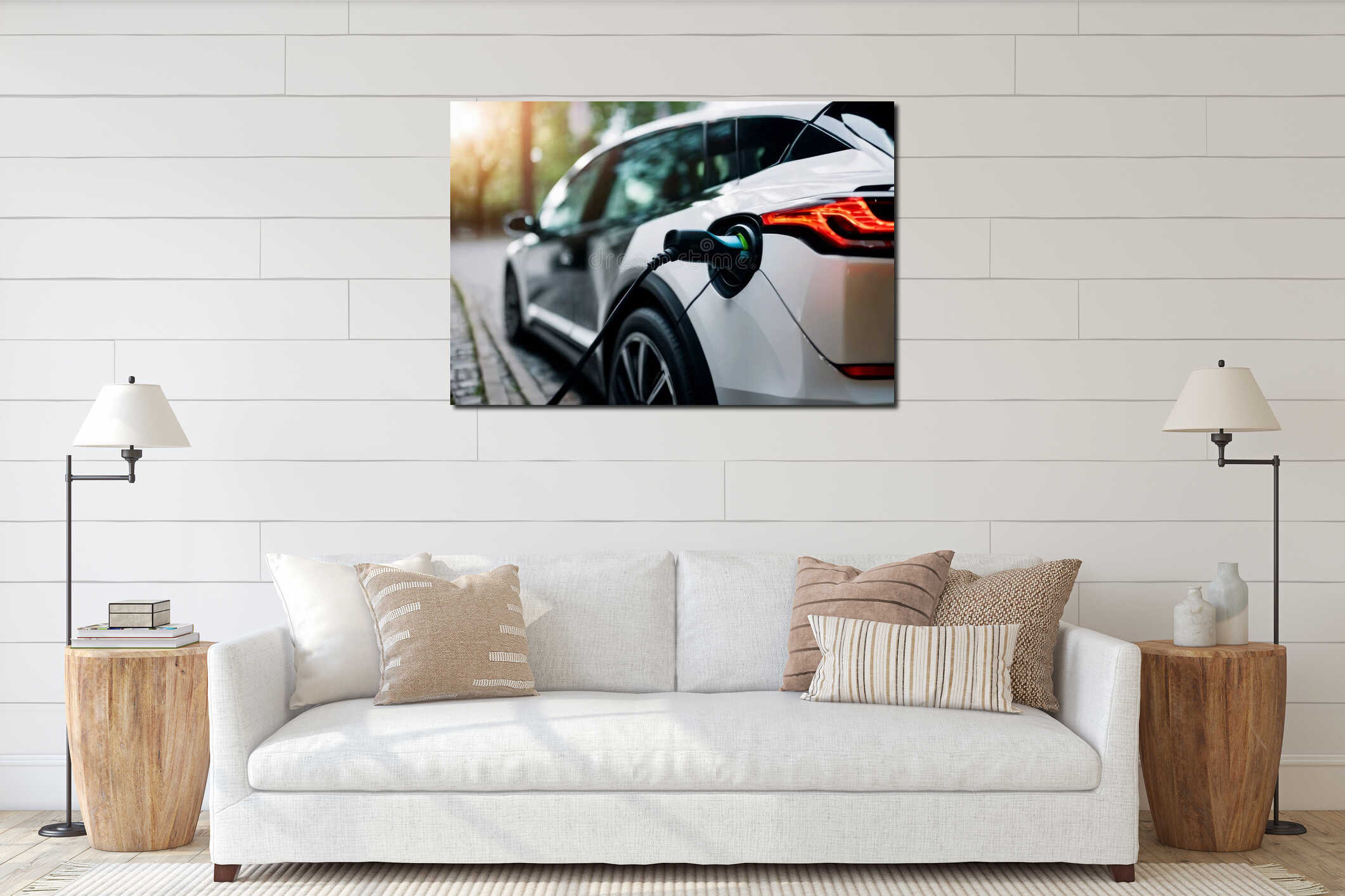 AI-generated illustration of An electric vehicle being filled by gas on the roadside interior mockup