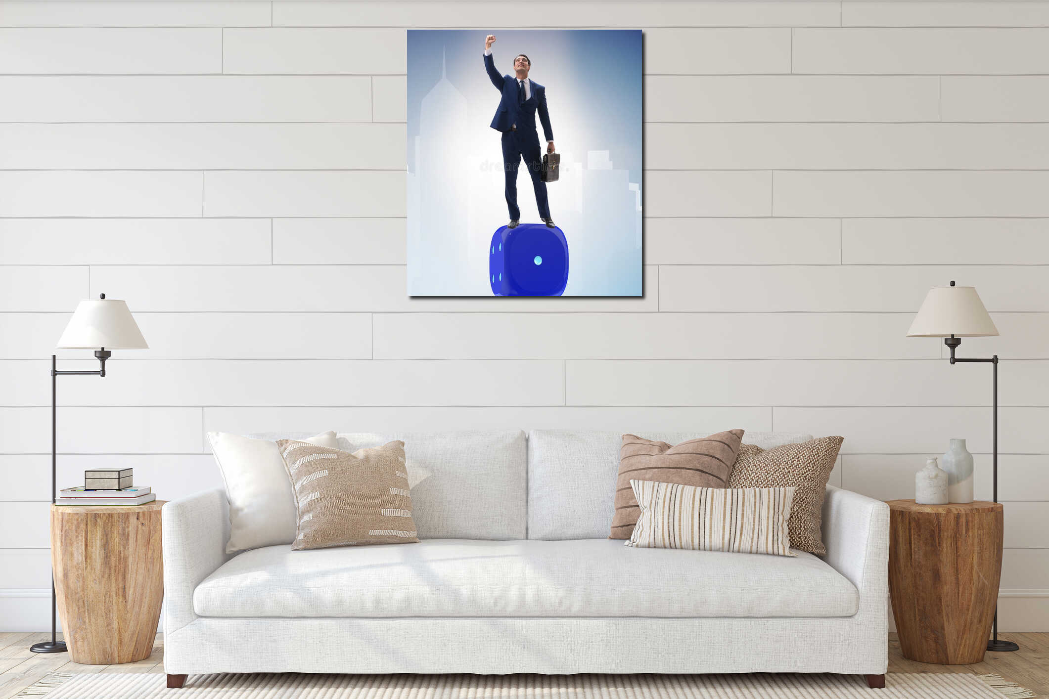 Businessman balancing on top of dice stack in uncertainty concep interior mockup