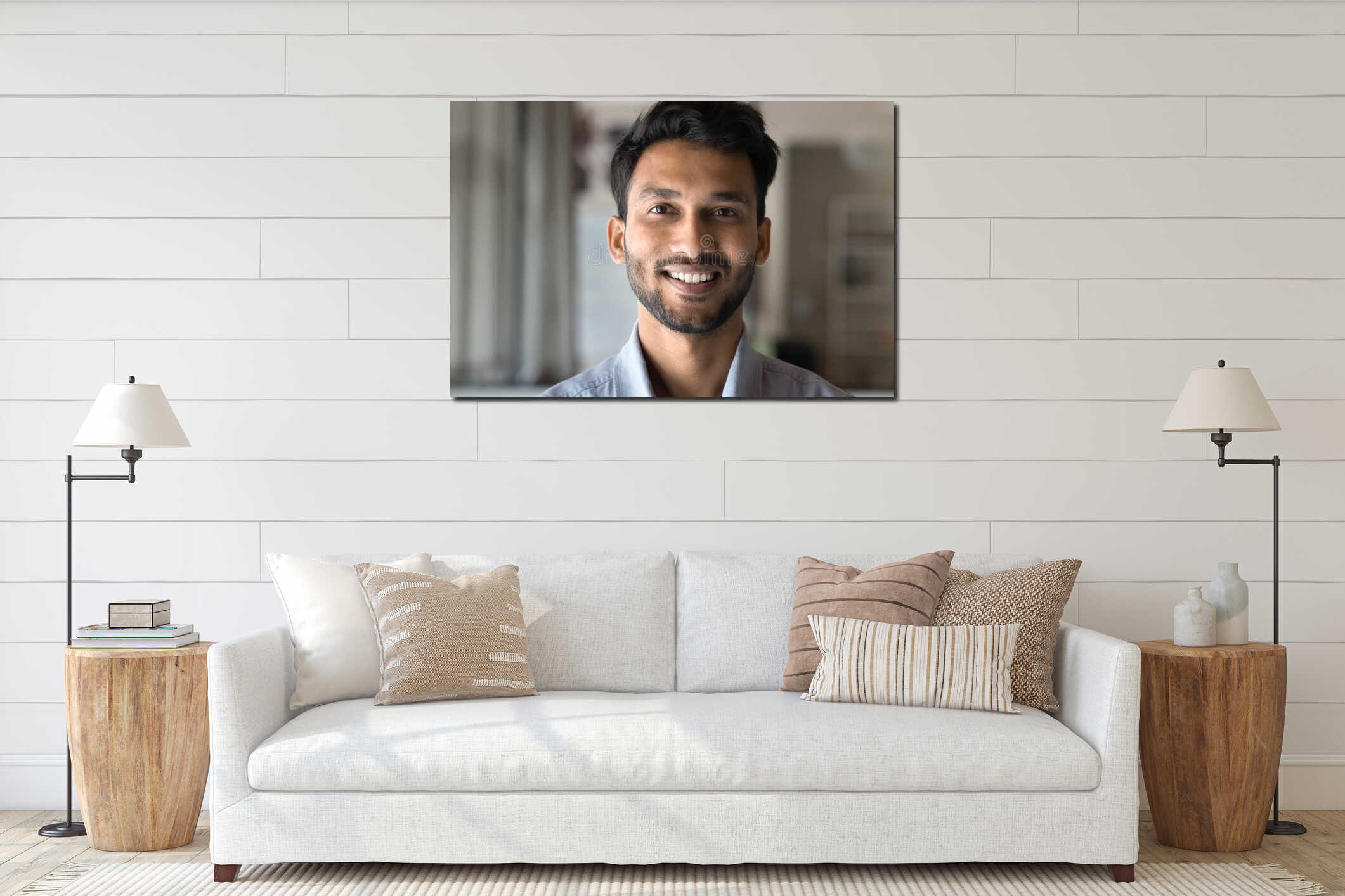 Happy attractive young Indian man close up portrait interior mockup