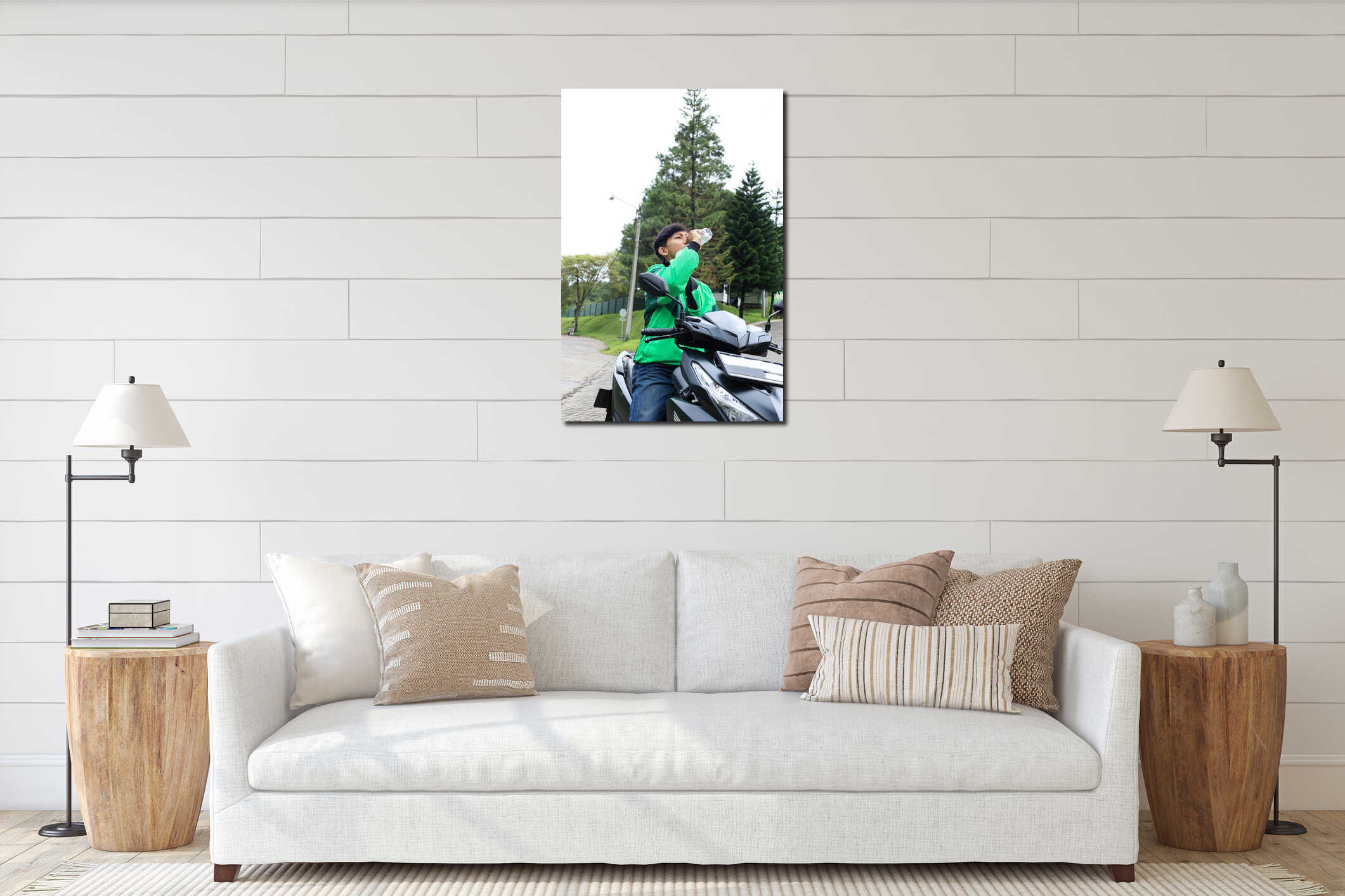 Young Man Motorbike Driver with Online Driver Aplication Jacket Drink Mineral Water interior mockup
