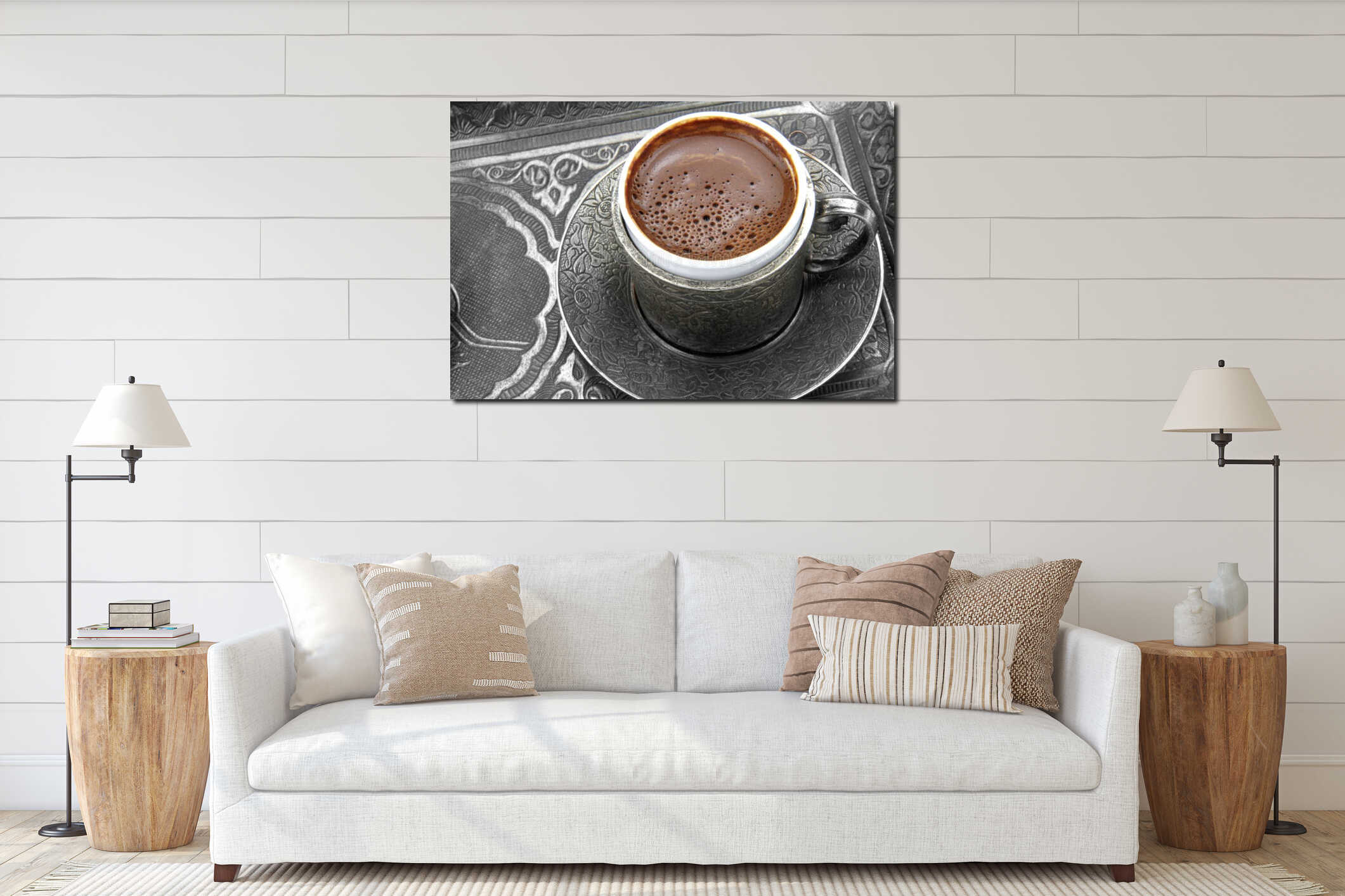 Turkish coffee with traditional embossed metal cup and tray interior mockup