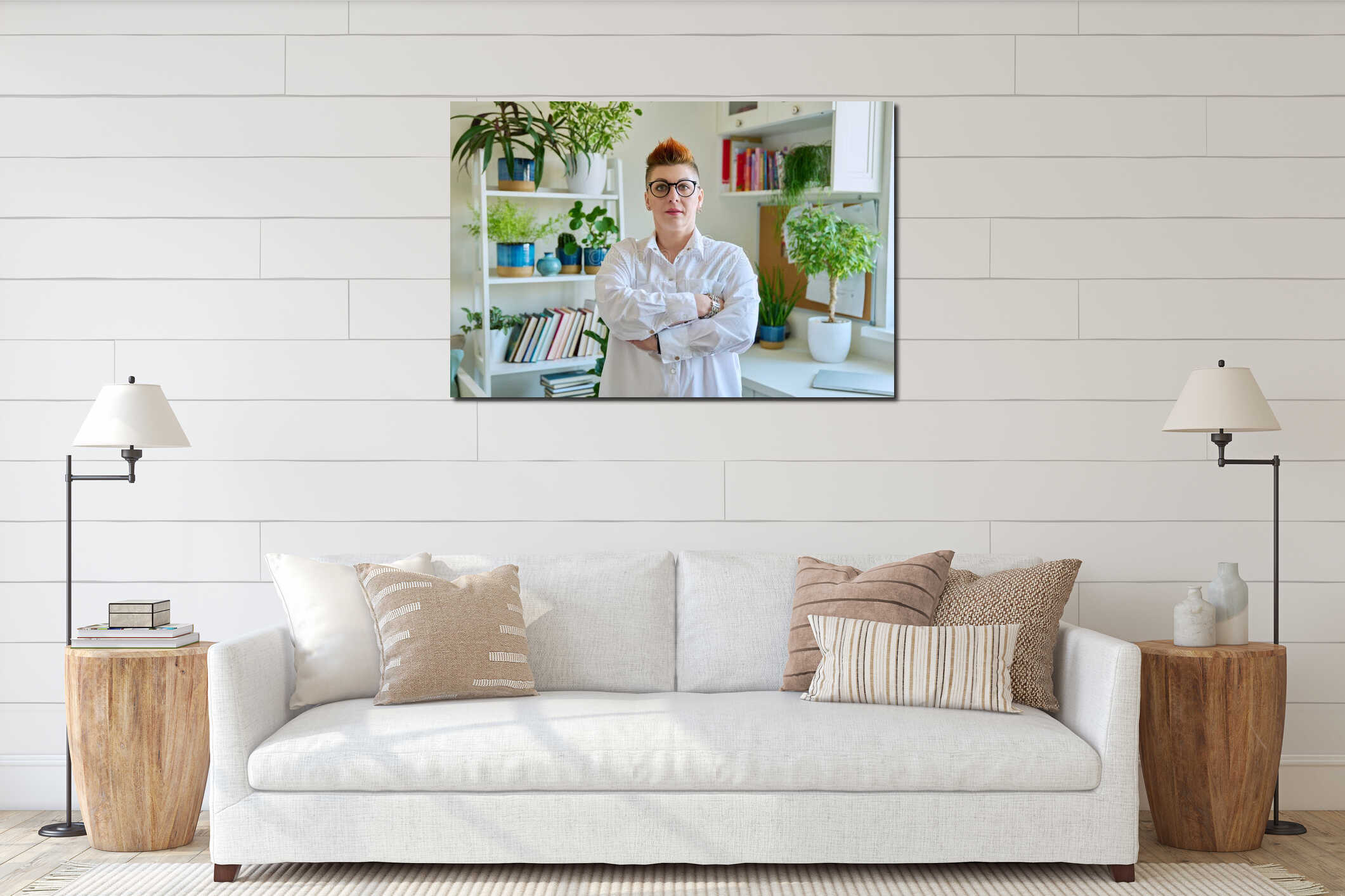 Portrait of smiling confident middle-aged woman in glasses with red haircut interior mockup