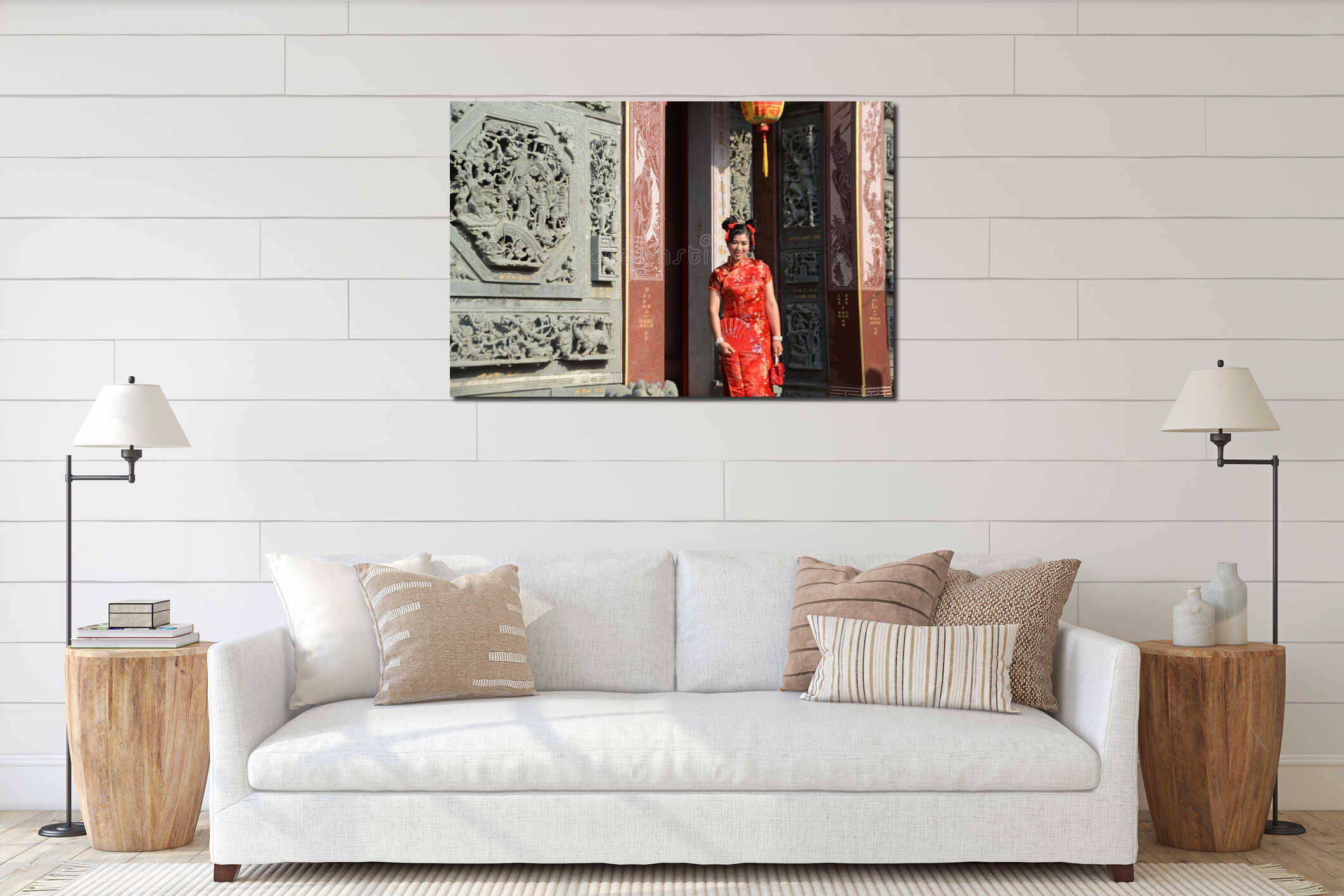 Portrait pretty Asian female in red traditional Chinese costume standing and posing. interior mockup