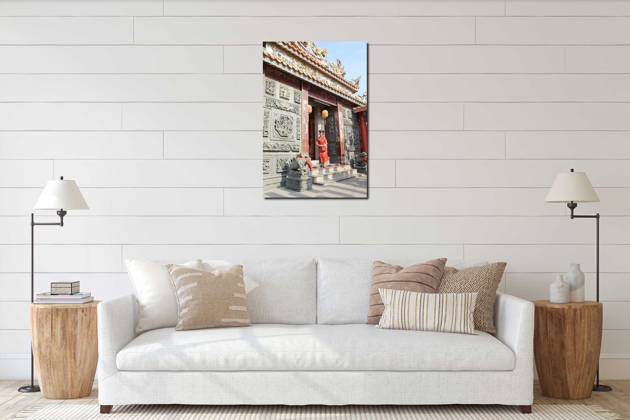 Portrait pretty Asian female in red traditional Chinese costume standing and posing. interior mockup