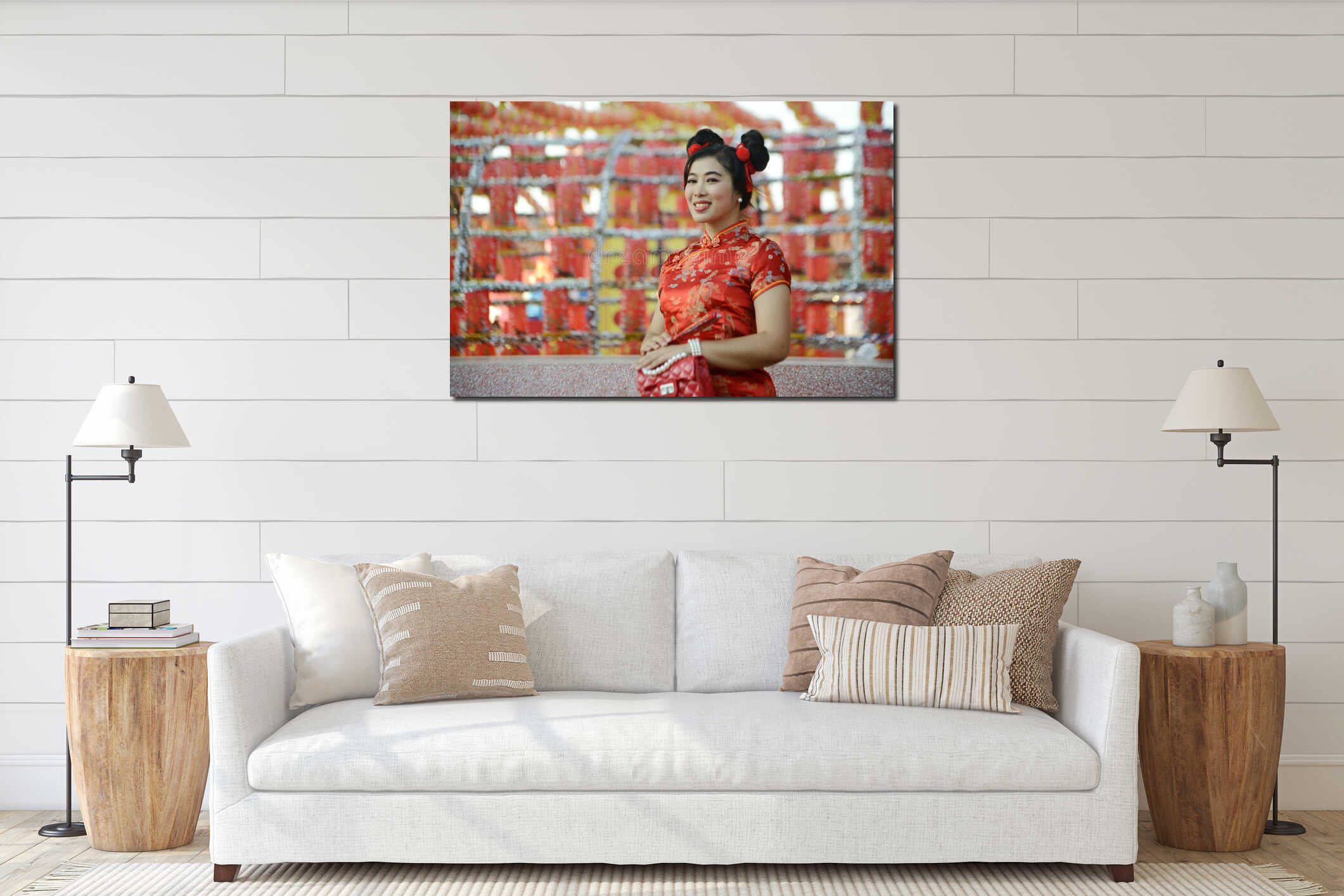 Portrait pretty Asian female in red traditional Chinese costume standing and posing in front of the lanterns. interior mockup