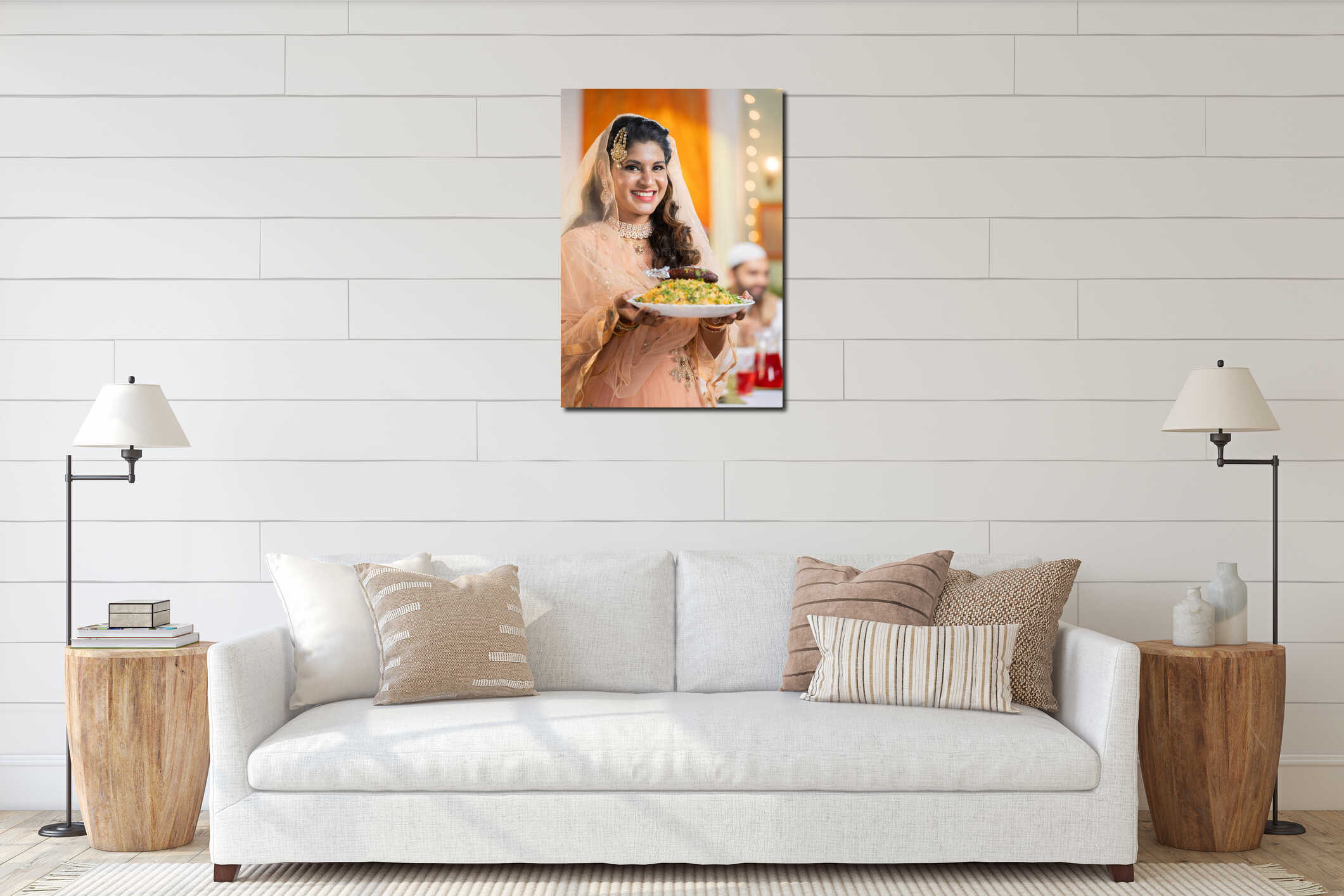 Vertical shot of happy indian muslim woman holding biryani plate by looking in front of husband at home - concept of interior mockup
