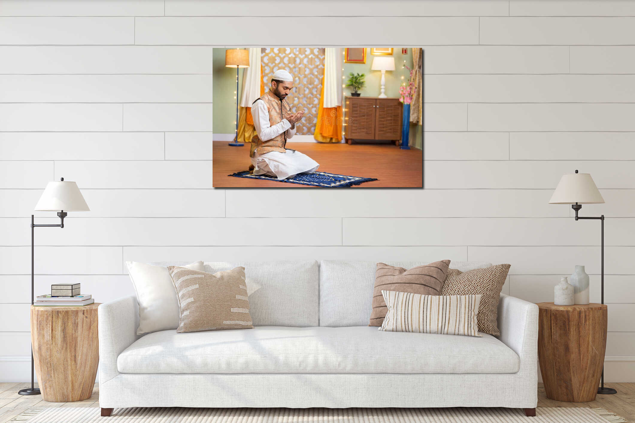 vertical shot of young indian muslim man doing holy namaz or Salah at home during ramdan festival - concept tredition interior mockup