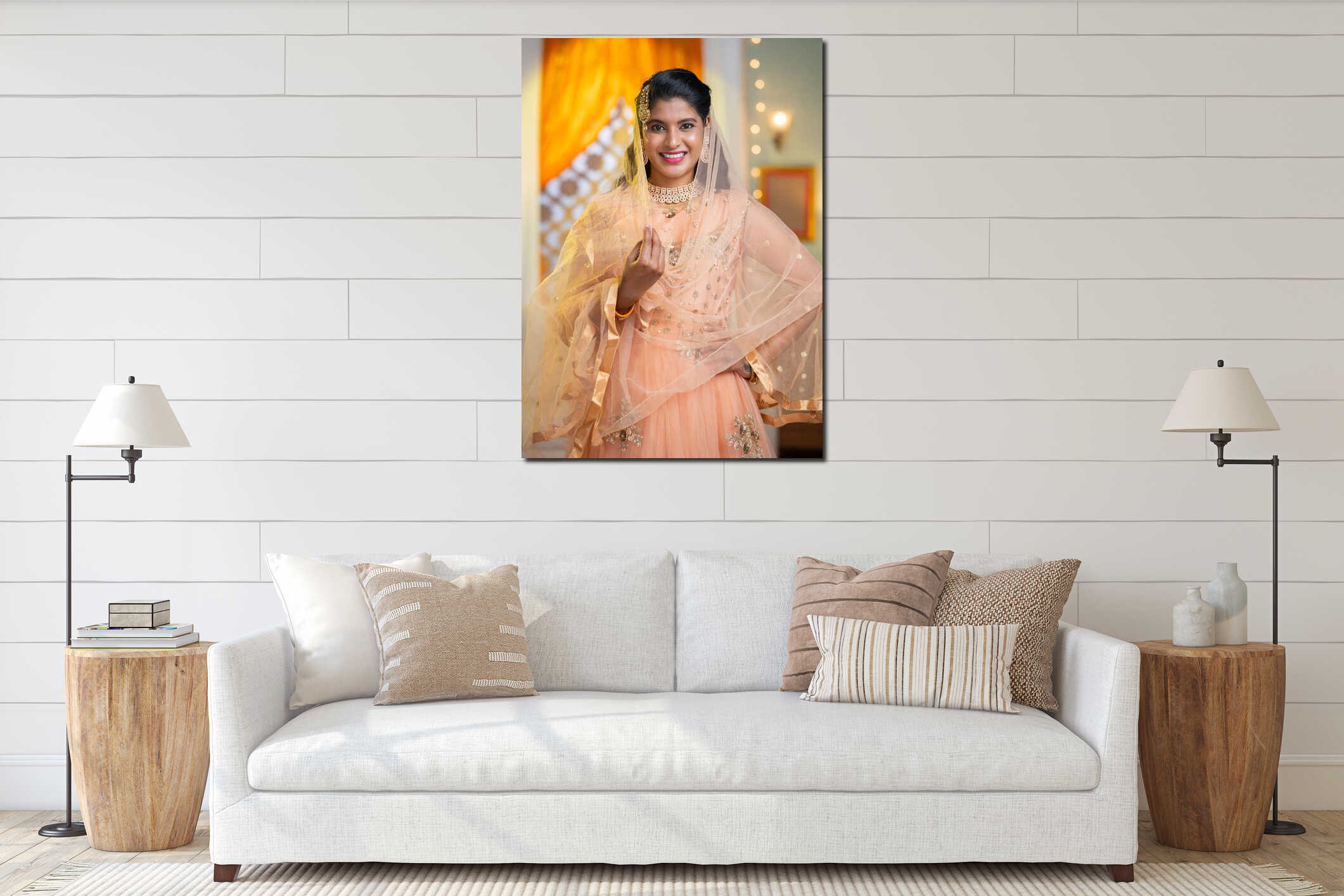 Vertical shot of Indian Muslim woman traditional ethic wear during ramadan festival celebration looking at camera - interior mockup