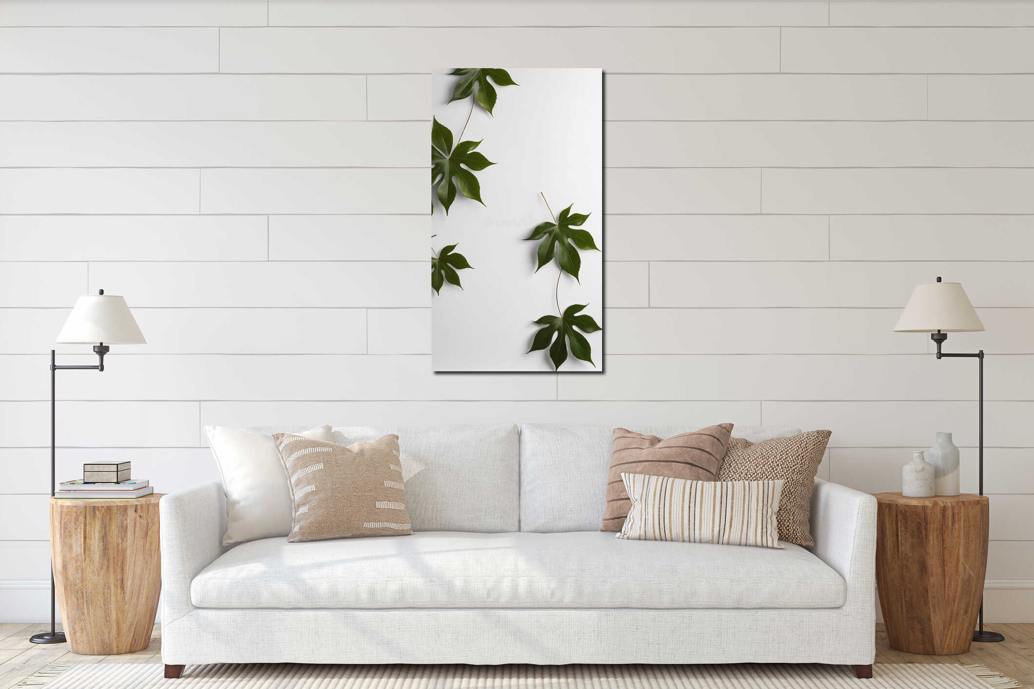 Vertical textured white background with green leaves interior mockup