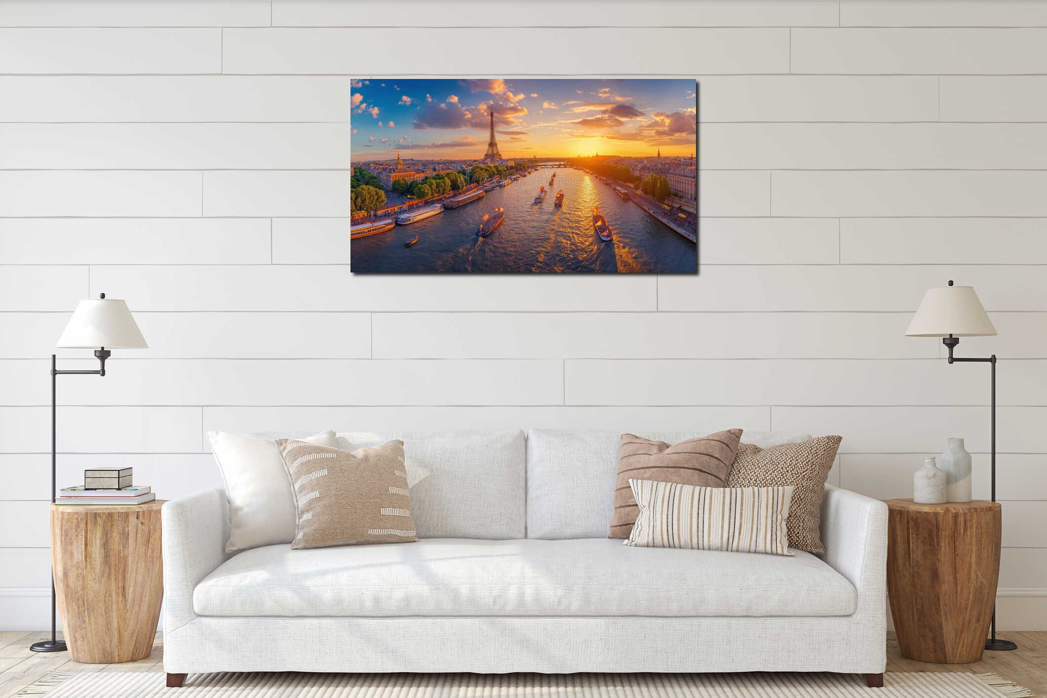 Aerial view on Paris, sunset view of the Eiffel Tower, river, crowded promenades, and tour boats in Paris. Olympic Games interior mockup