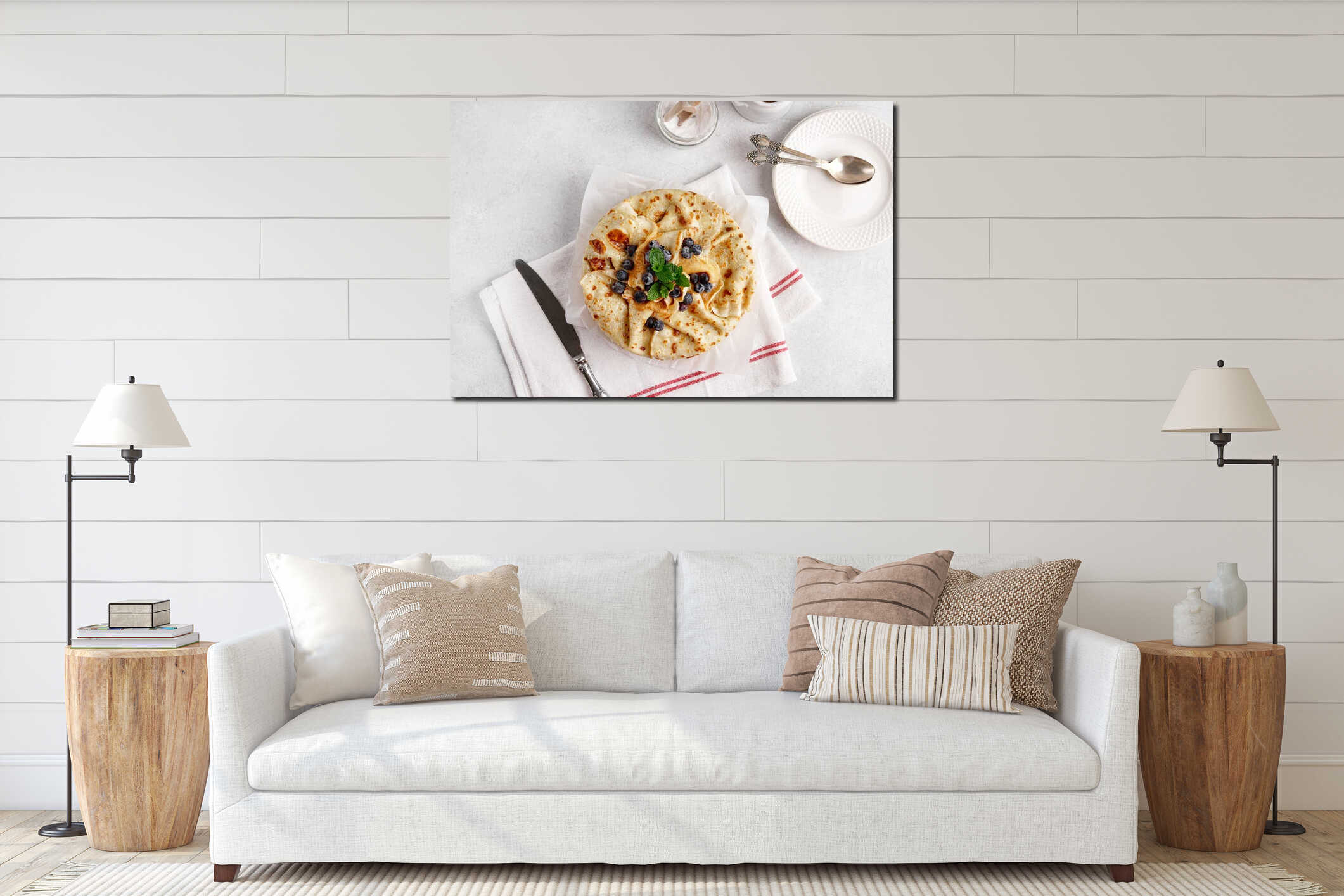 Crepe cake with custard vanilla cream and berries and mint leaves. top view interior mockup