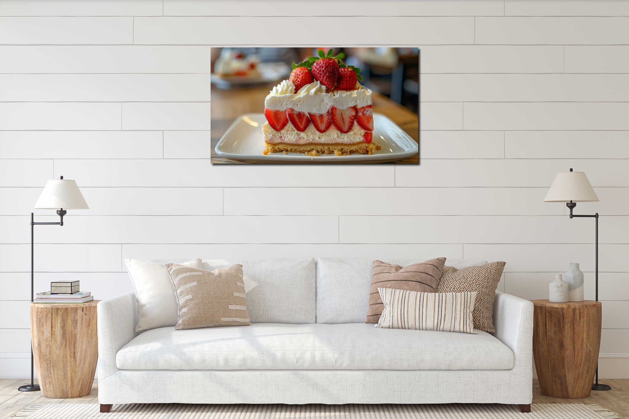 A close up of a piece of cake with strawberries on top, AI interior mockup