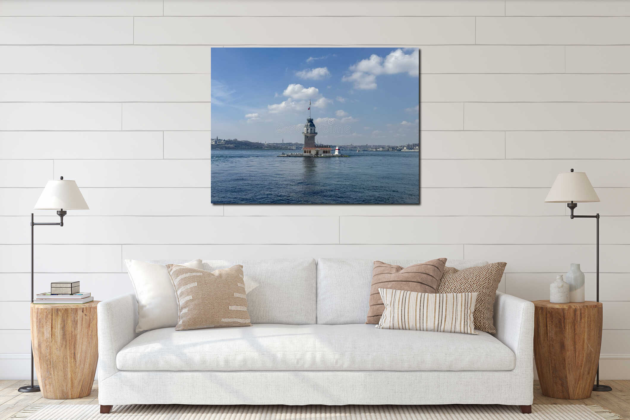 Maiden's Tower in Istanbul, Turkey with blue sky landscape interior mockup