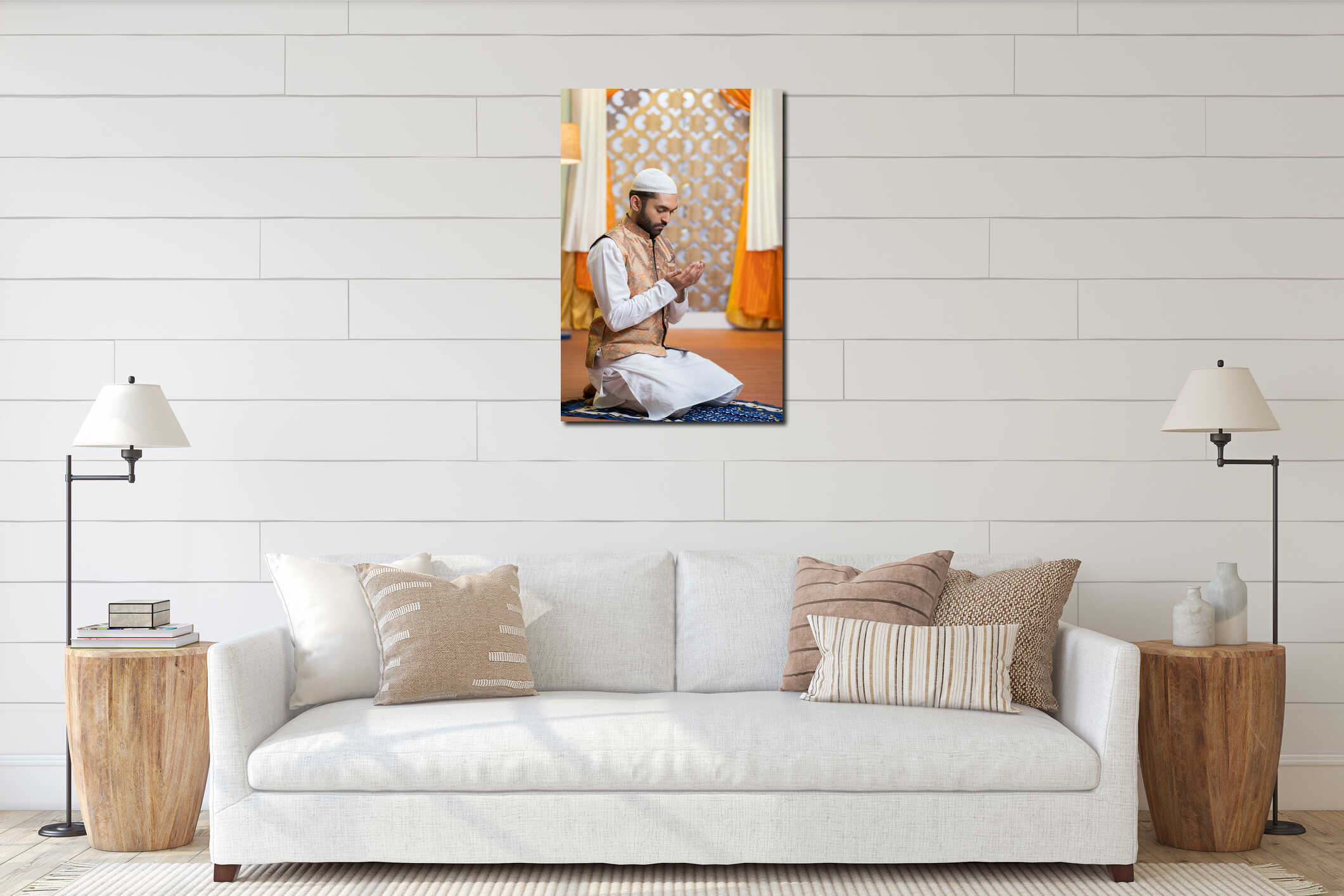 Vertical shot of indian muslim man doing holy namaz or Salah at home during ramdan festival - concept tredition, culture interior mockup