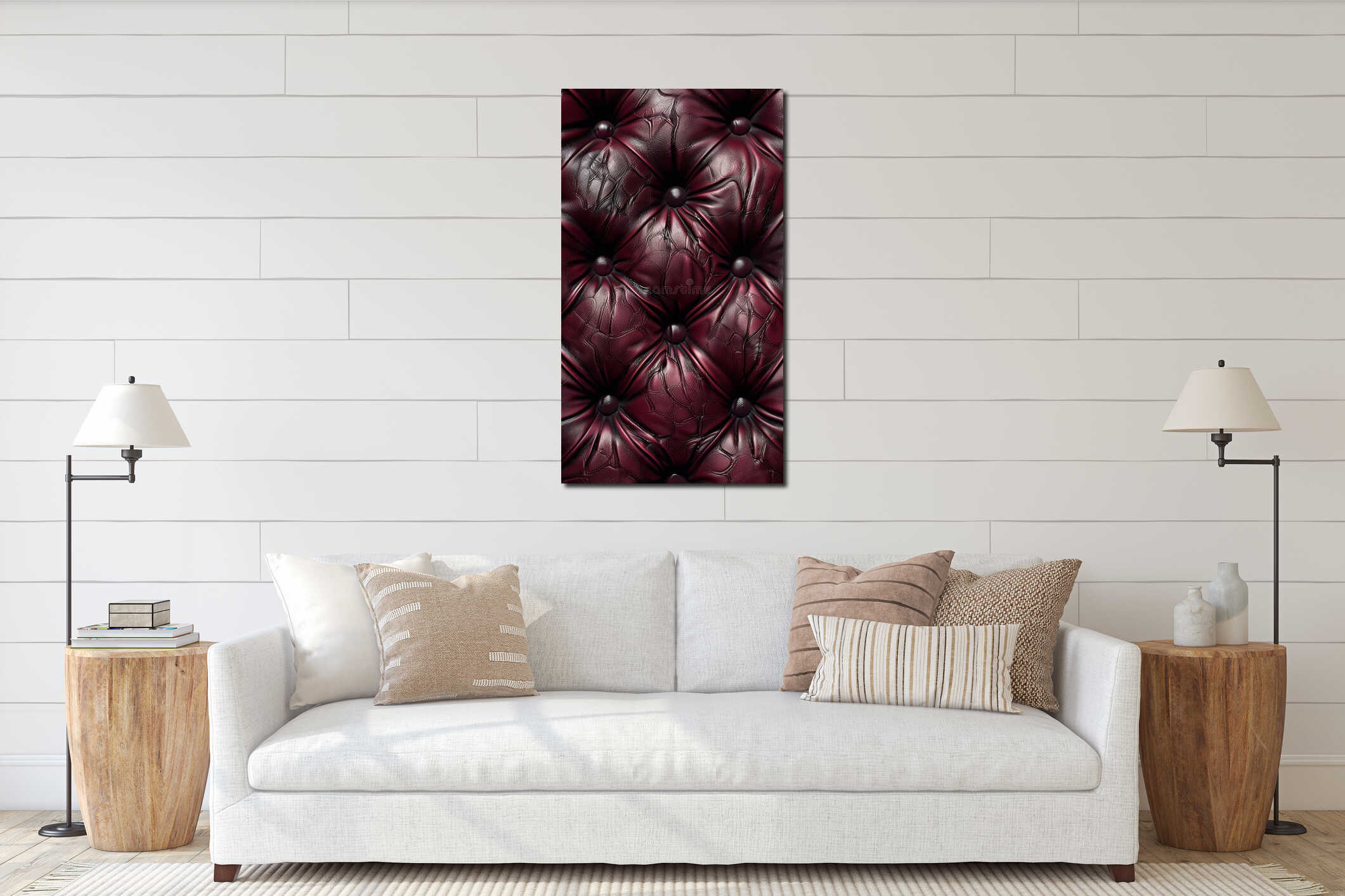Close-up shot of a luxurious maroon leather surface, showcasing the rich, tufted pattern and intricate stitch details interior mockup