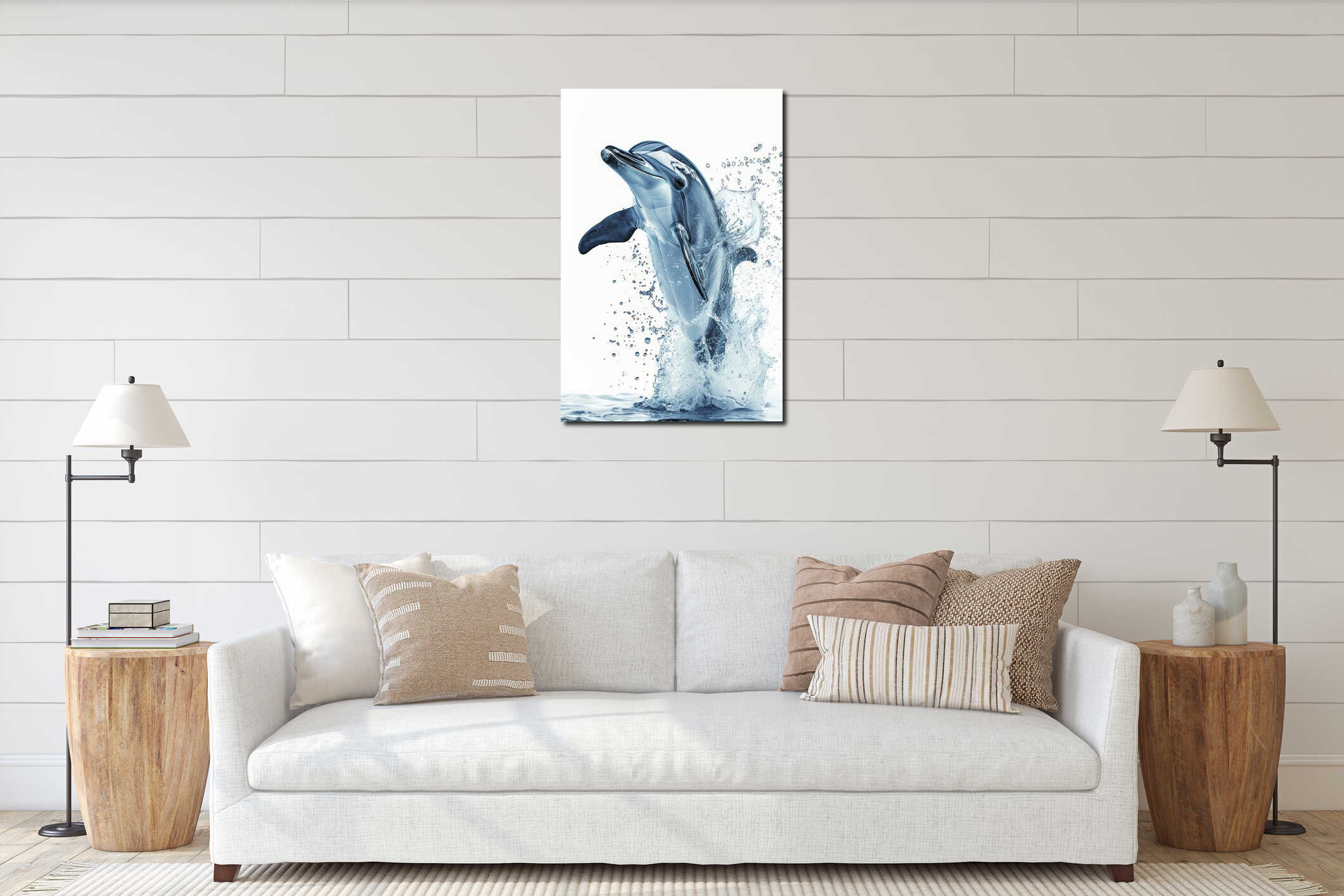 Dolphin with splash, playful gesture, low angle view, bright white background , Hyper realistic interior mockup