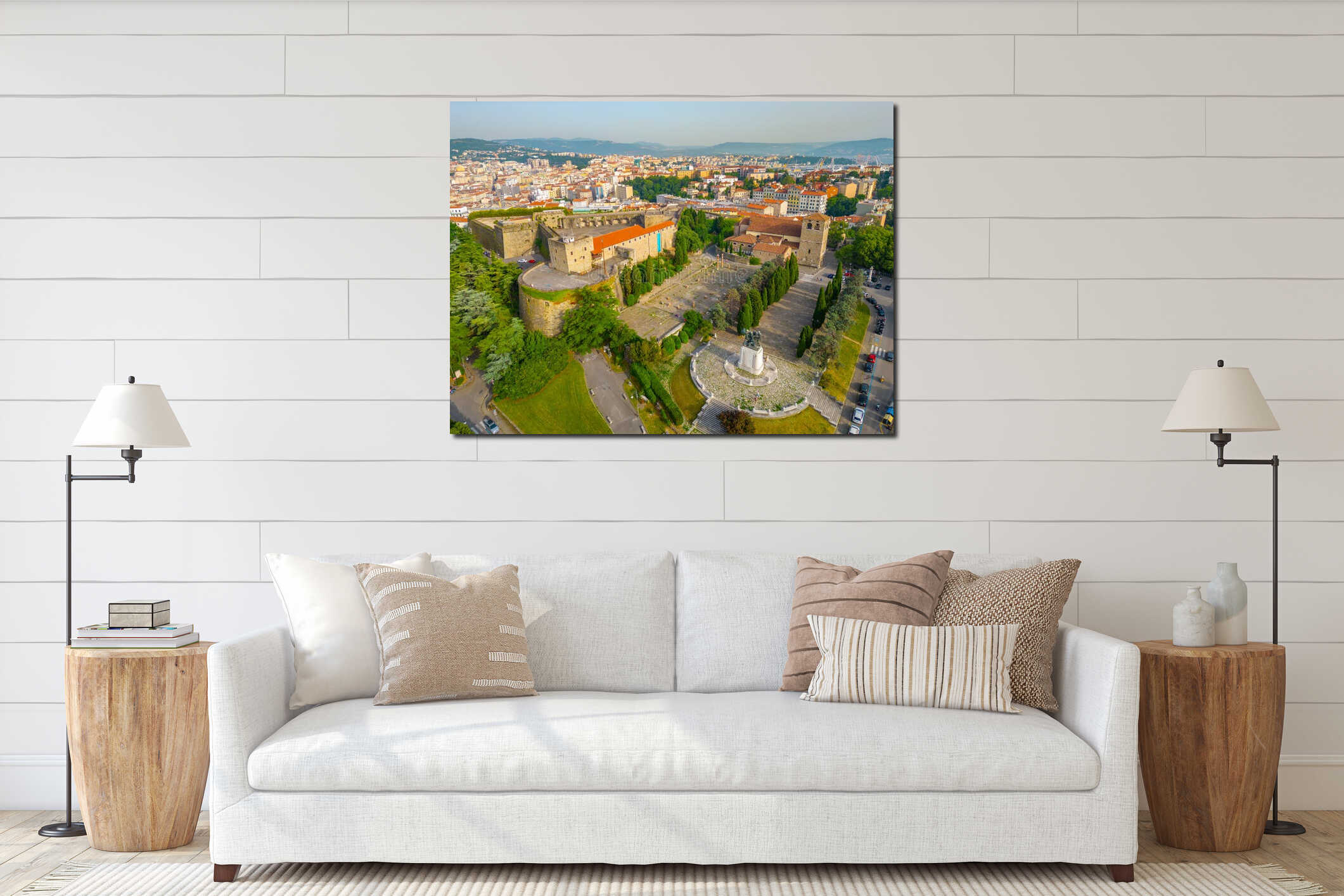 Aerial view of Castello di San Giusto and Cattedrale di San Gius interior mockup