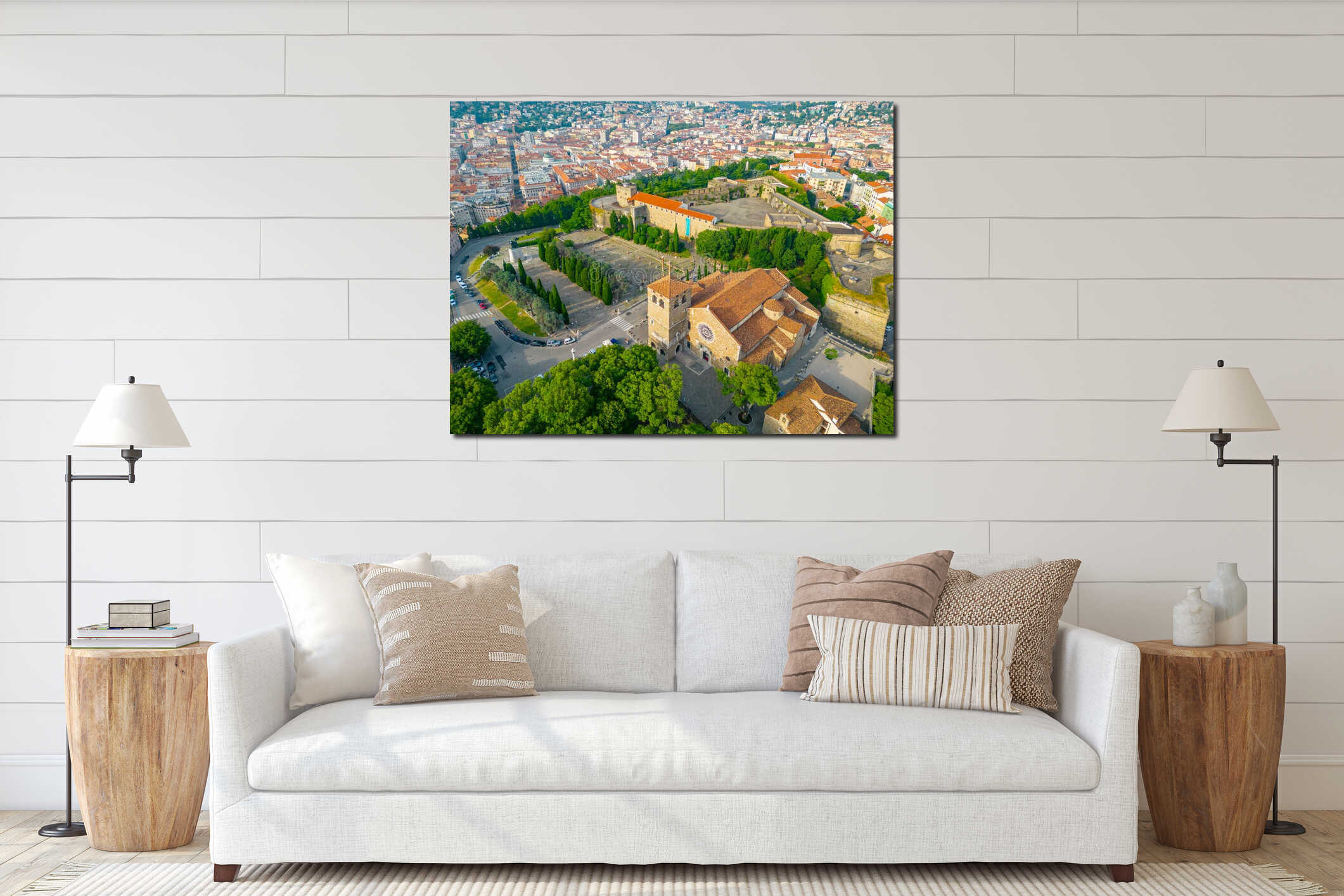 Aerial view of Castello di San Giusto and Cattedrale di San Gius interior mockup