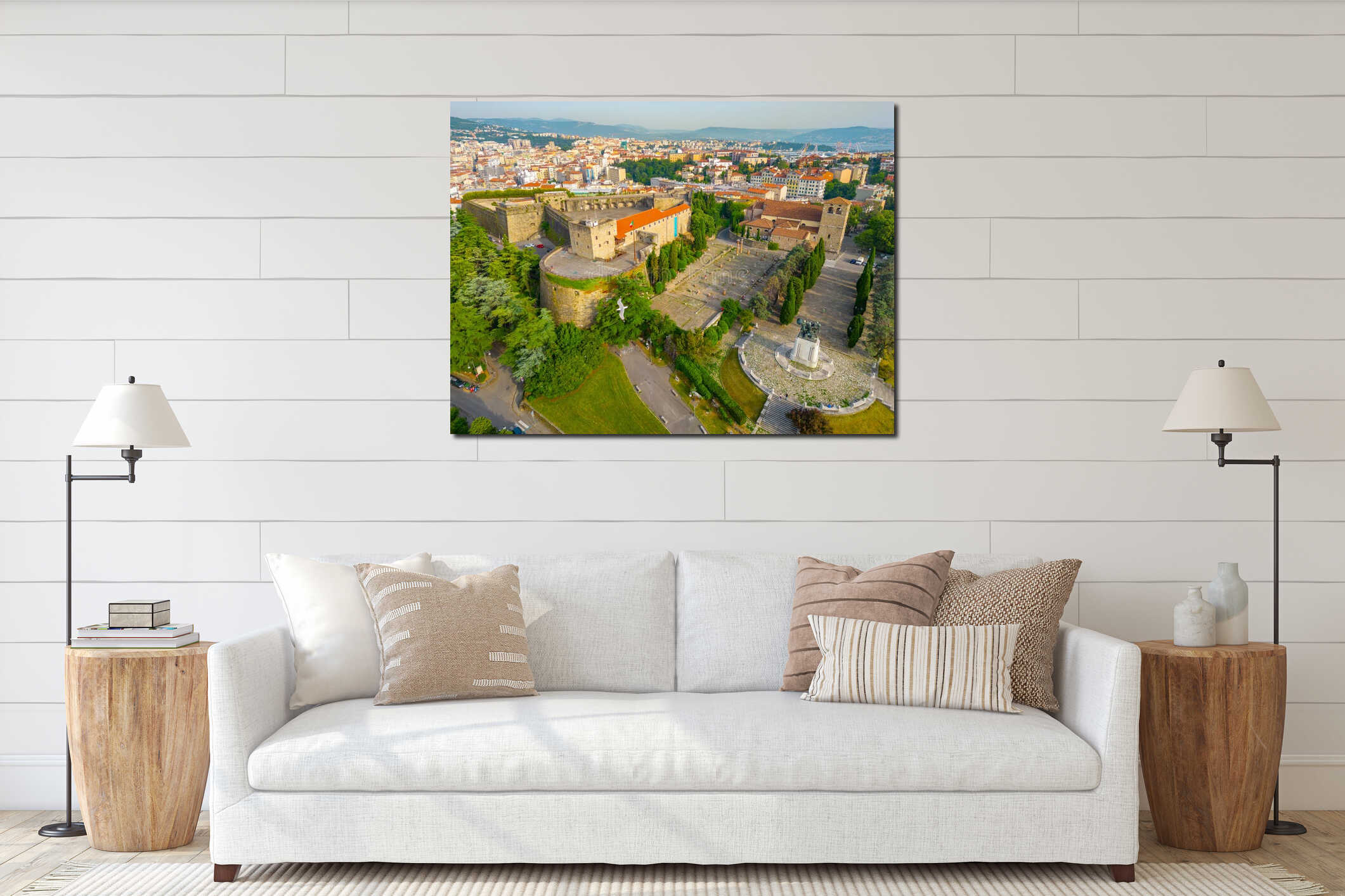 Aerial view of Castello di San Giusto and Cattedrale di San Gius interior mockup