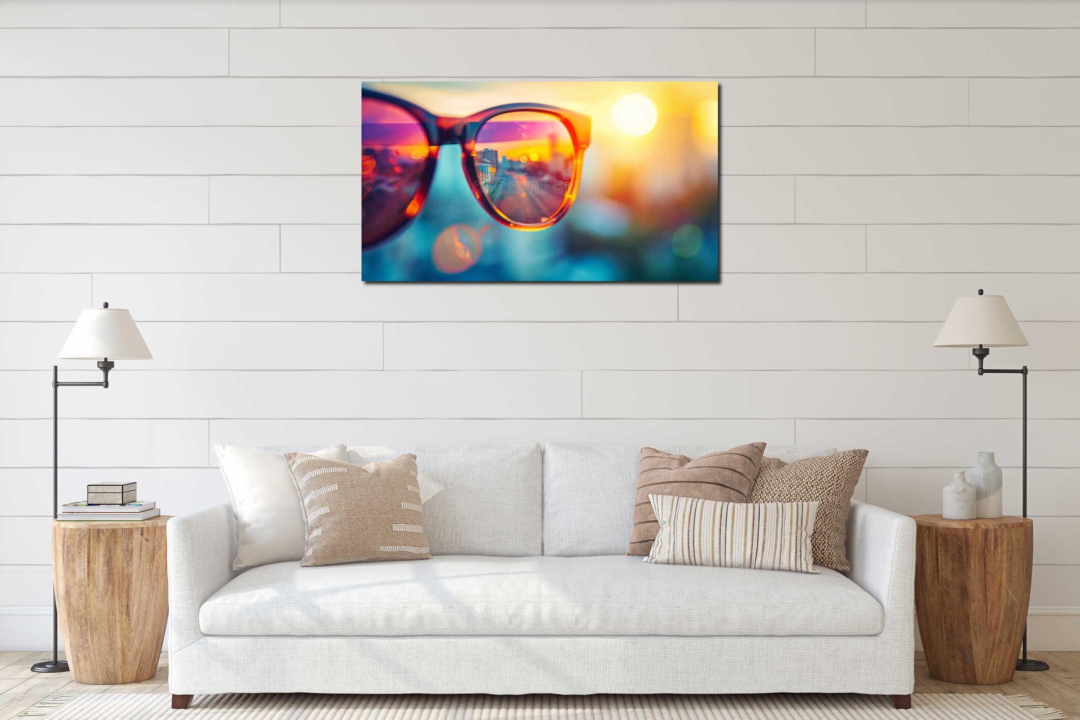 A close up of a pair of sunglasses with the reflection in them, AI interior mockup